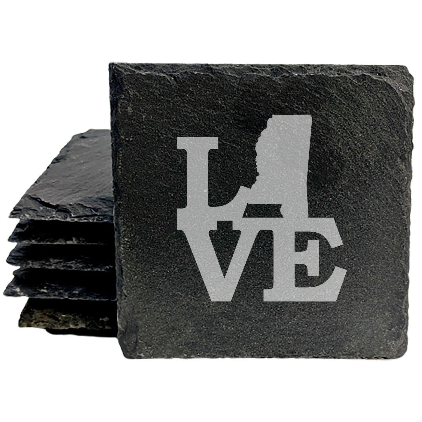 Rustic Slate Coasters Set of 4 - Laser Etched 'LOVE' Design with Mississippi State Shape - Perfect Gift for Holidays, Birthdays, Housewarming - 4" Round, Natural Chipped Edge, Made in USA