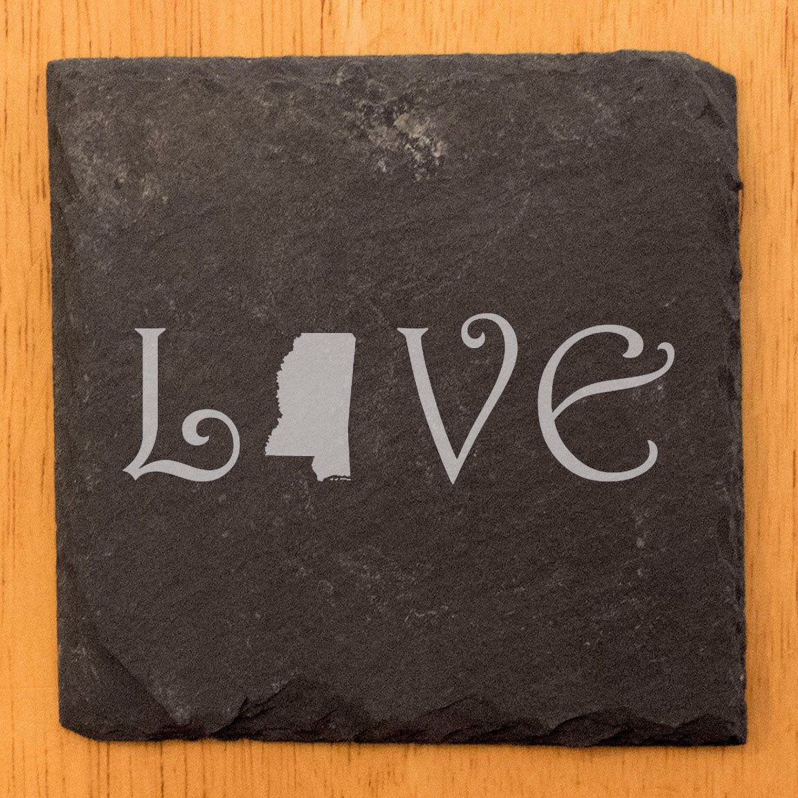 Rustic Slate Coasters Set of 4, Square 4" with 'LOVE' Mississippi Design, Natural Chipped Edge, Rubber Feet, , Perfect for Holidays, Birthdays, Housewarming, Made in Oregon, USA