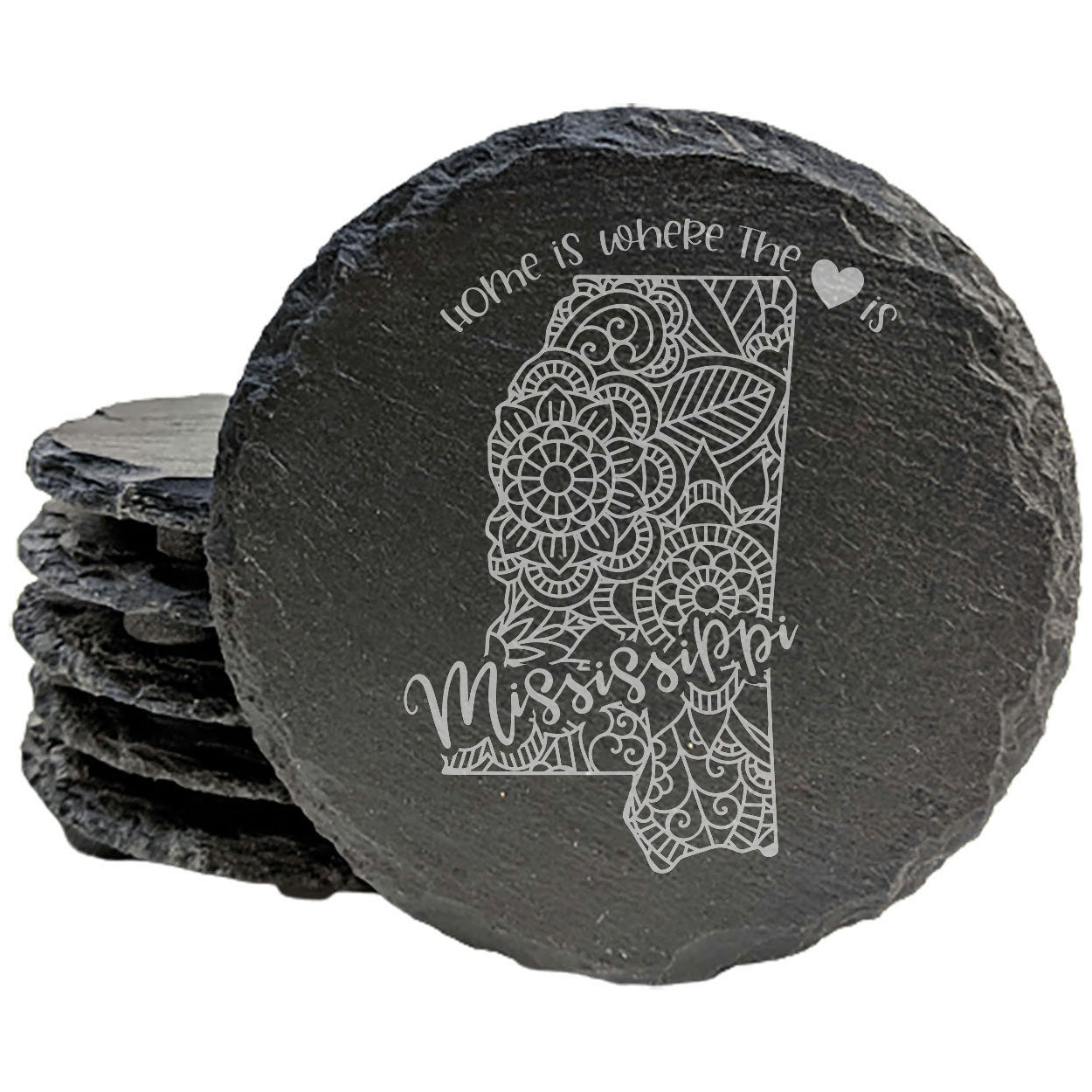 Rustic Slate Coasters Set of 4, Round 4" with Mississippi Mandala Design, 'Home is Where the Heart Is' Quote, Perfect Gift for Holidays, Birthdays, Housewarming, Made in Oregon, USA