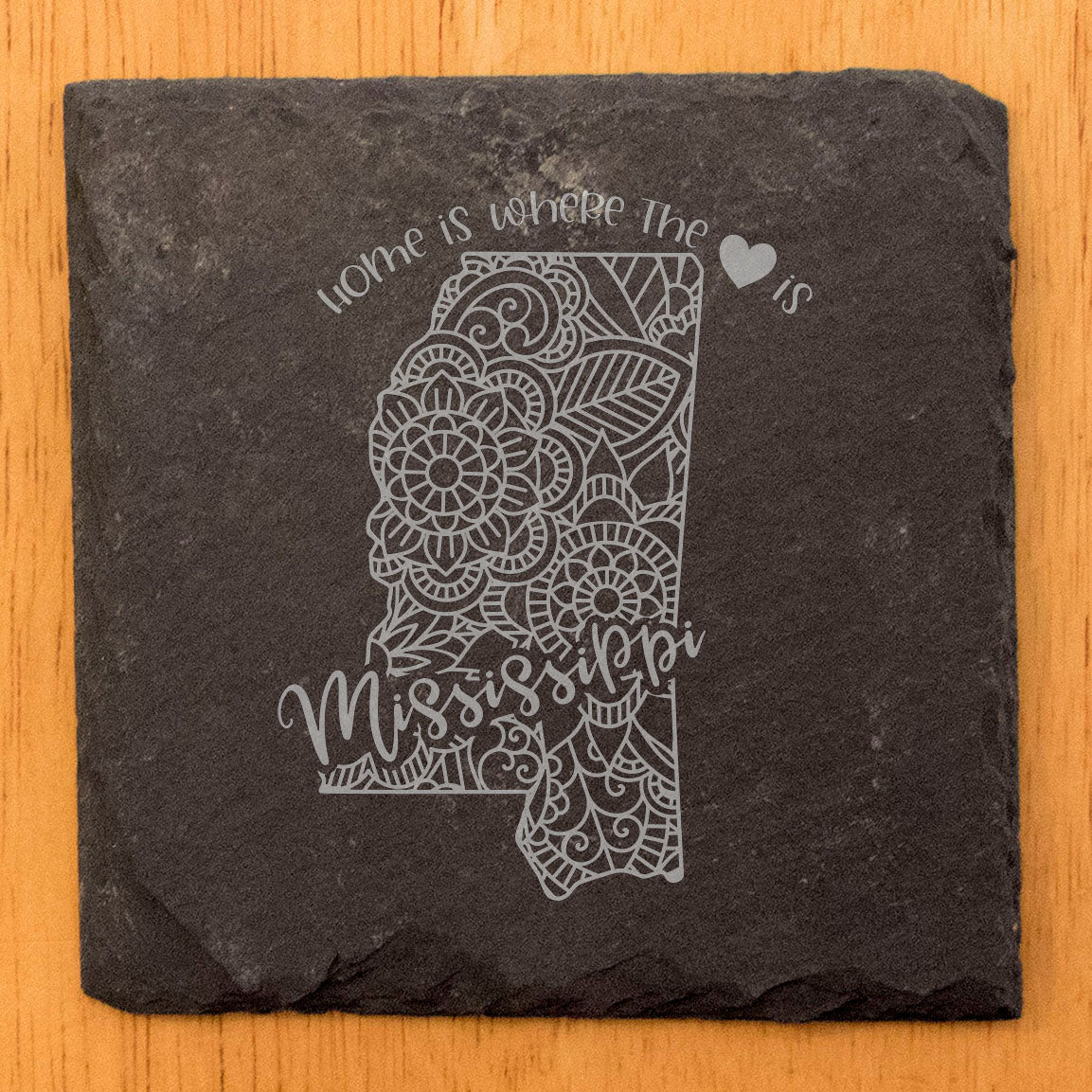 Rustic Slate Coasters Set of 4, Round 4" with Mississippi Mandala Design, 'Home is Where the Heart Is' Quote, Perfect Gift for Holidays, Birthdays, Housewarming, Made in Oregon, USA