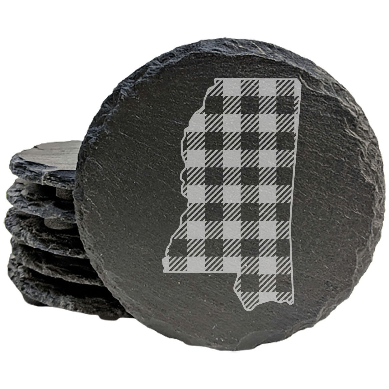 Rustic Slate Coasters Set of 4 - Mississippi Plaid Design, 4" Round, Natural Chipped Edge, Rubber Feet, - Perfect for Holidays, Birthdays, Housewarming - Made in Oregon, USA