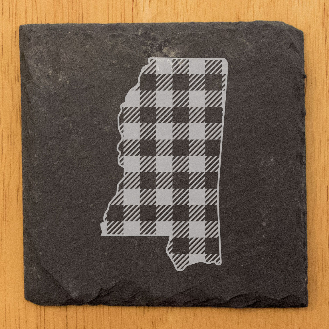 Rustic Slate Coasters Set of 4 - Mississippi Plaid Design, 4" Round, Natural Chipped Edge, Rubber Feet, - Perfect for Holidays, Birthdays, Housewarming - Made in Oregon, USA