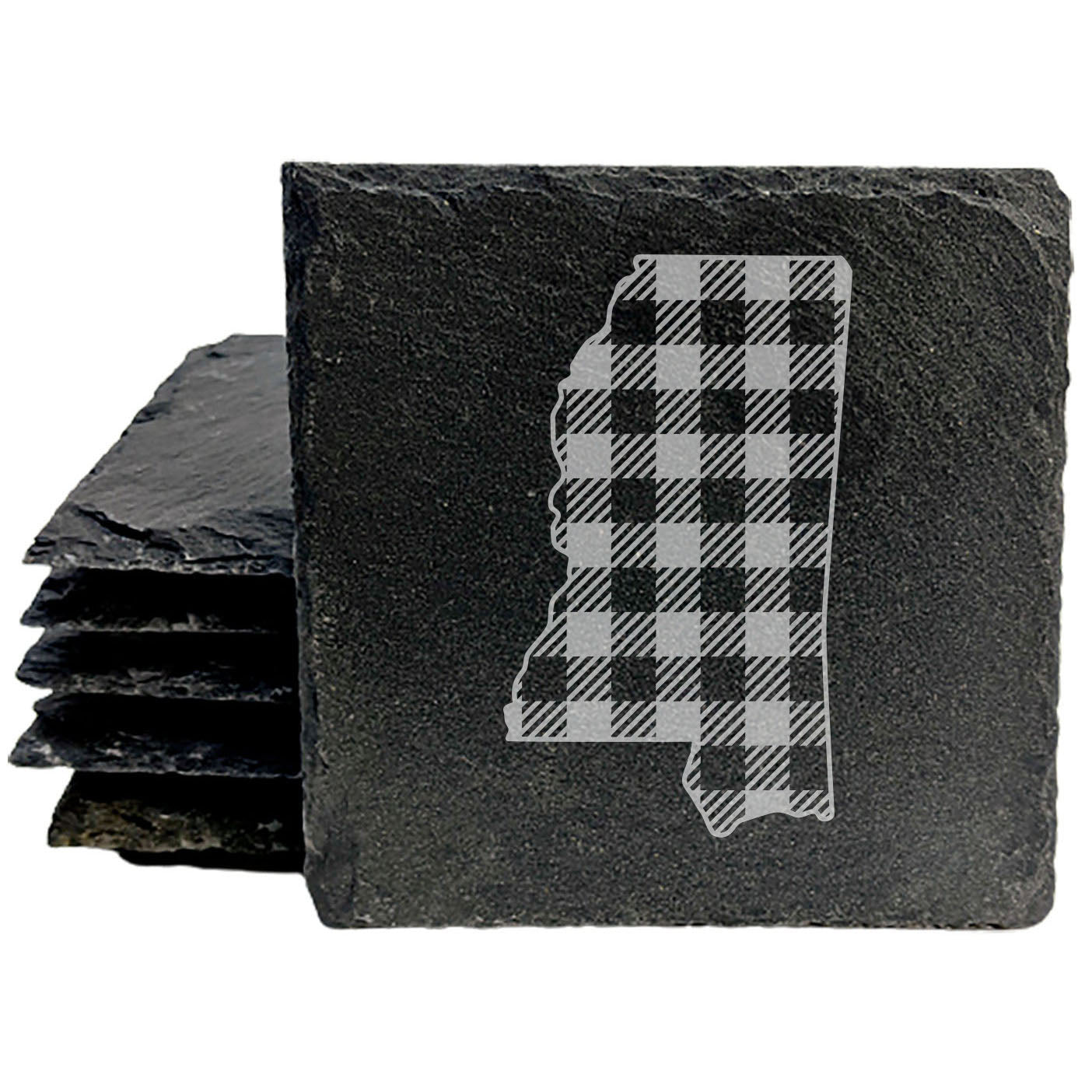 Rustic Slate Coasters Set of 4 - Mississippi Plaid Design, 4" Round, Natural Chipped Edge, Rubber Feet, - Perfect for Holidays, Birthdays, Housewarming - Made in Oregon, USA