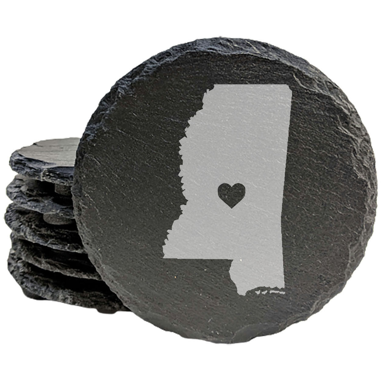 Rustic Slate Coasters Set of 4, Laser Etched Mississippi Design, Heart Center, 4" Round, Natural Chipped Edge, Rubber Feet, , Perfect for She-Shed, Man Cave, Made in Oregon, USA