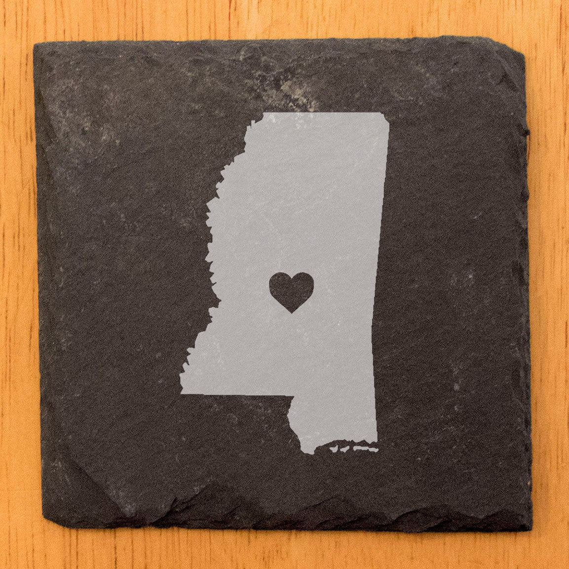 Rustic Slate Coasters Set of 4, Laser Etched Mississippi Design, Heart Center, 4" Round, Natural Chipped Edge, Rubber Feet, , Perfect for She-Shed, Man Cave, Made in Oregon, USA