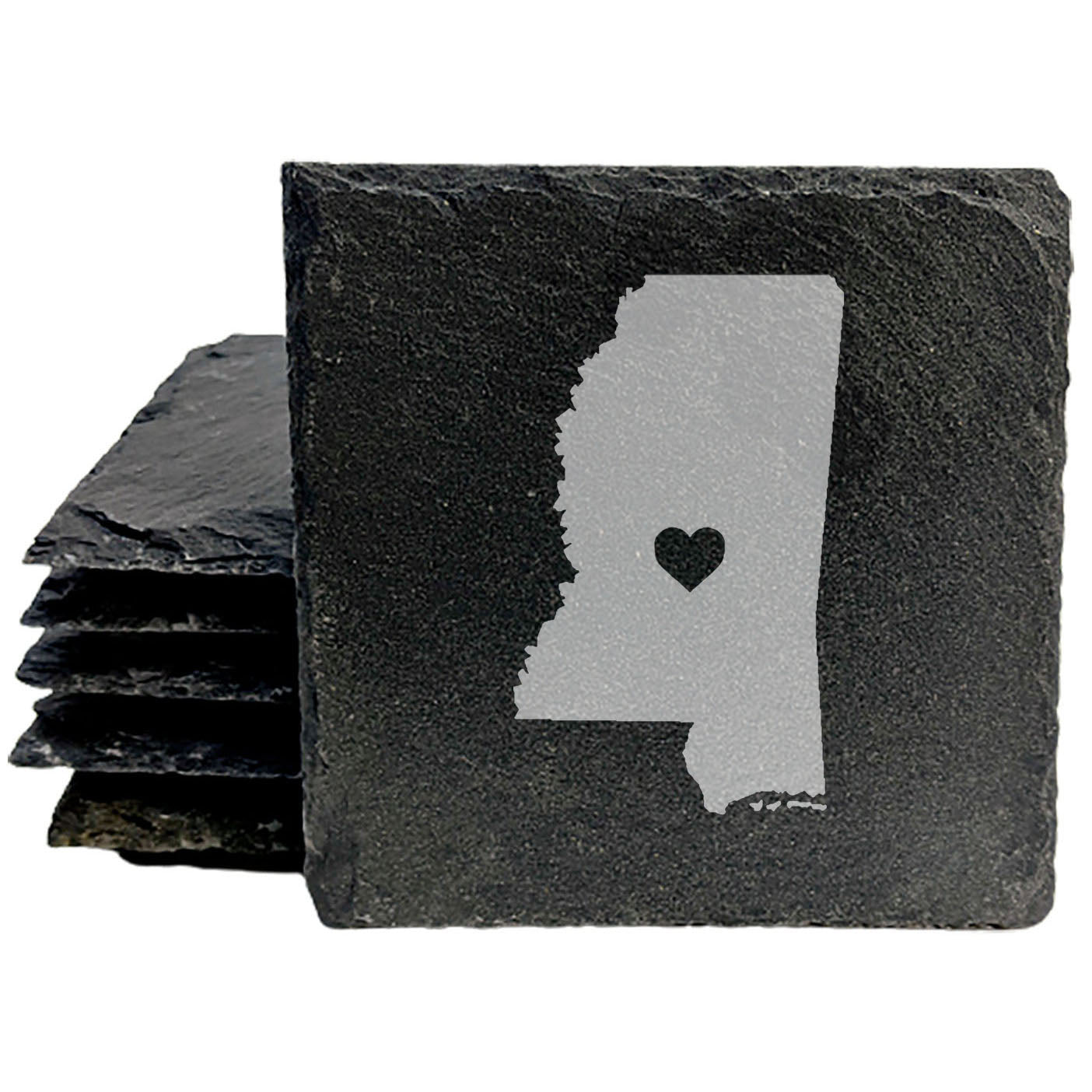 Rustic Slate Coasters Set of 4, Laser Etched Mississippi Design, Heart Center, 4" Round, Natural Chipped Edge, Rubber Feet, , Perfect for She-Shed, Man Cave, Made in Oregon, USA