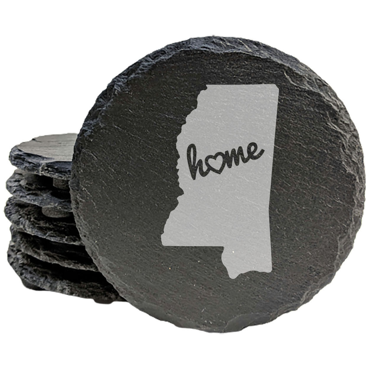 Rustic Slate Coasters Set of 4 - Mississippi 'Home' Design, Heart Detail, 4" Round, Natural Chipped Edge, Rubber Feet, - Perfect for Holidays, Birthdays, Housewarming, Man Cave - Made in USA
