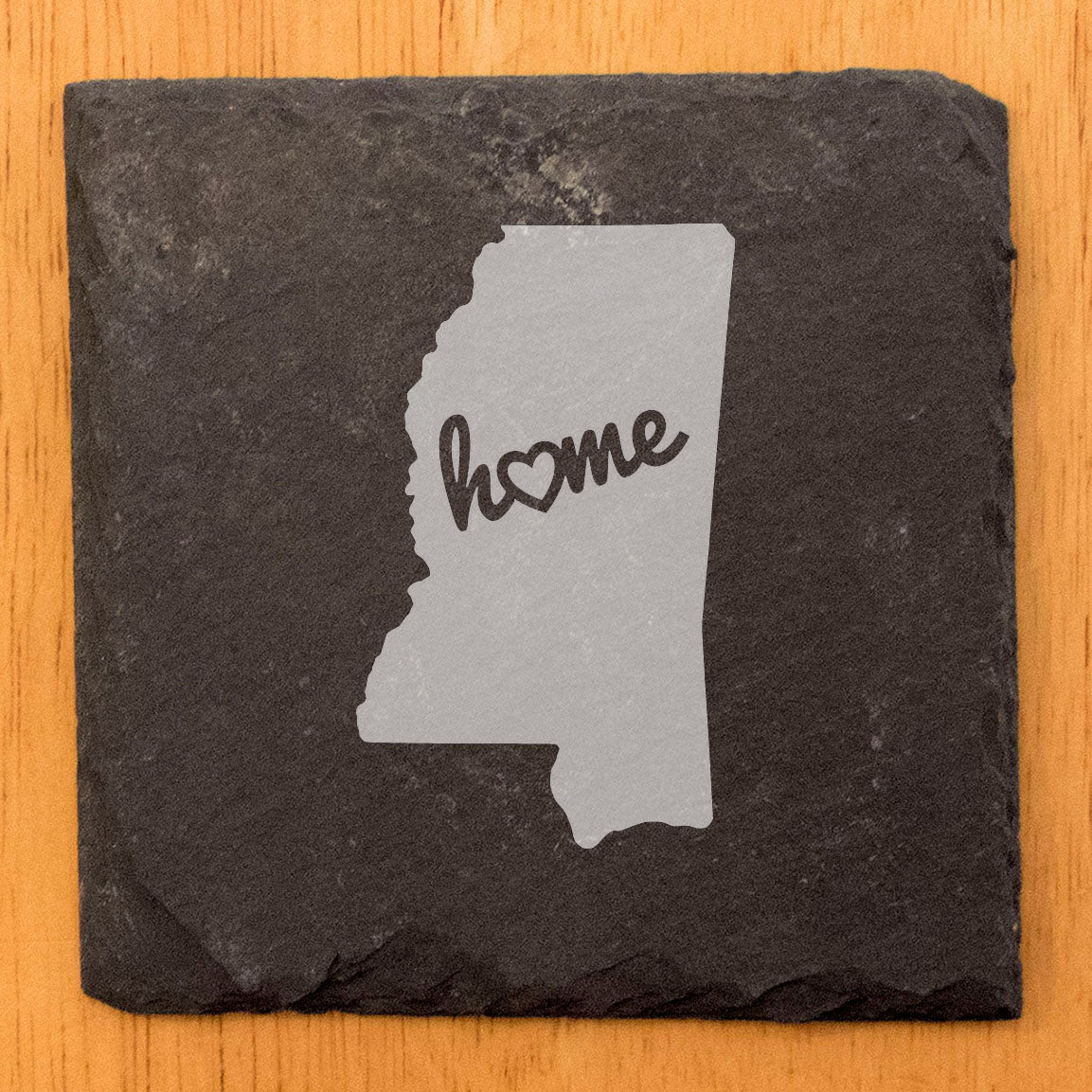 Rustic Slate Coasters Set of 4 - Mississippi 'Home' Design, Heart Detail, 4" Round, Natural Chipped Edge, Rubber Feet, - Perfect for Holidays, Birthdays, Housewarming, Man Cave - Made in USA