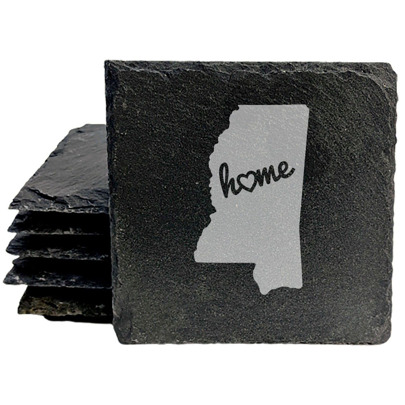 Rustic Slate Coasters Set of 4 - Mississippi 'Home' Design, Heart Detail, 4" Round, Natural Chipped Edge, Rubber Feet, - Perfect for Holidays, Birthdays, Housewarming, Man Cave - Made in USA