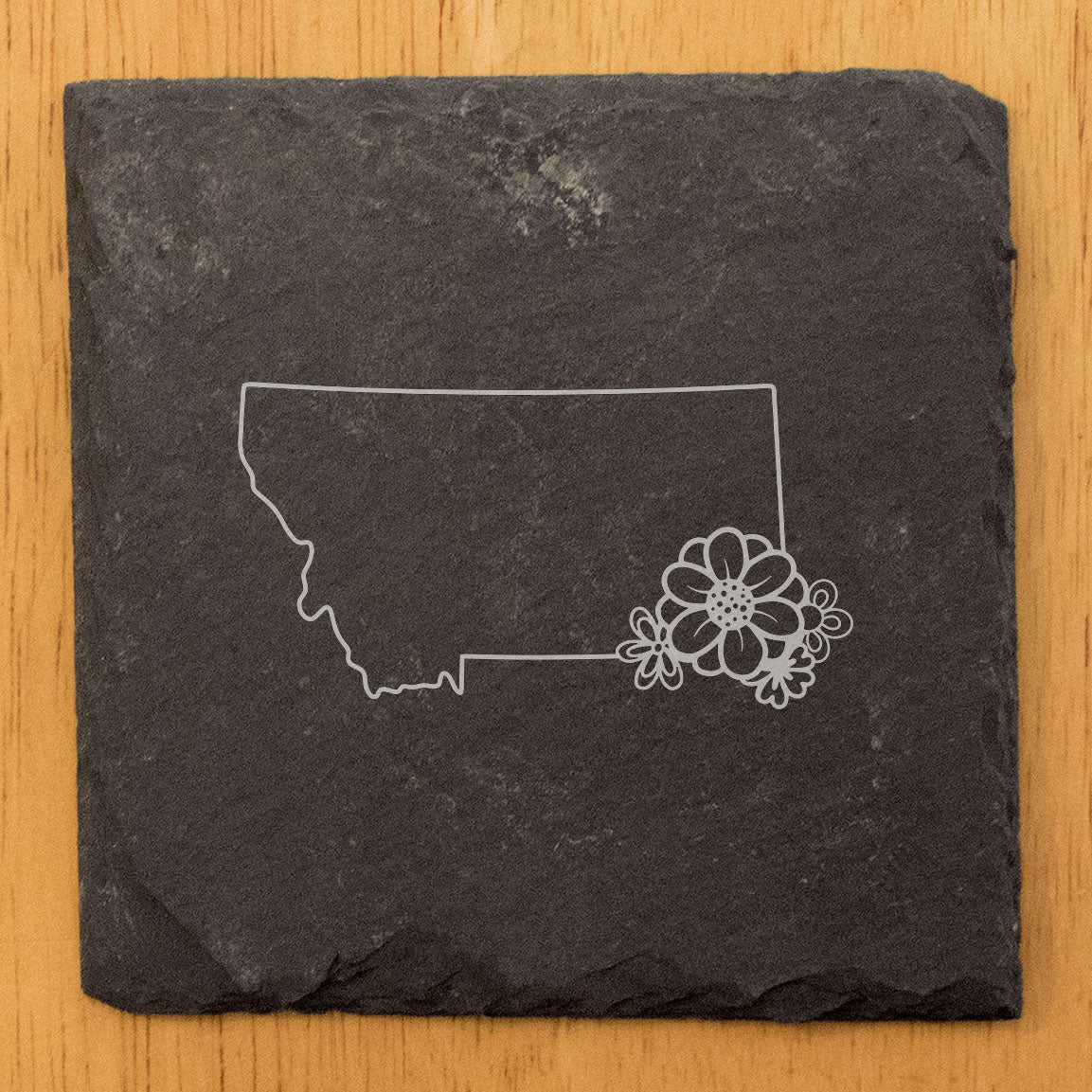 Rustic Slate Coasters Set of 4 - Laser Etched Montana Design w/ Flower - Perfect Gift for Holidays, Birthdays, Housewarming - 4" Round/Square - Made in Oregon, USA - Natural Chipped Edge