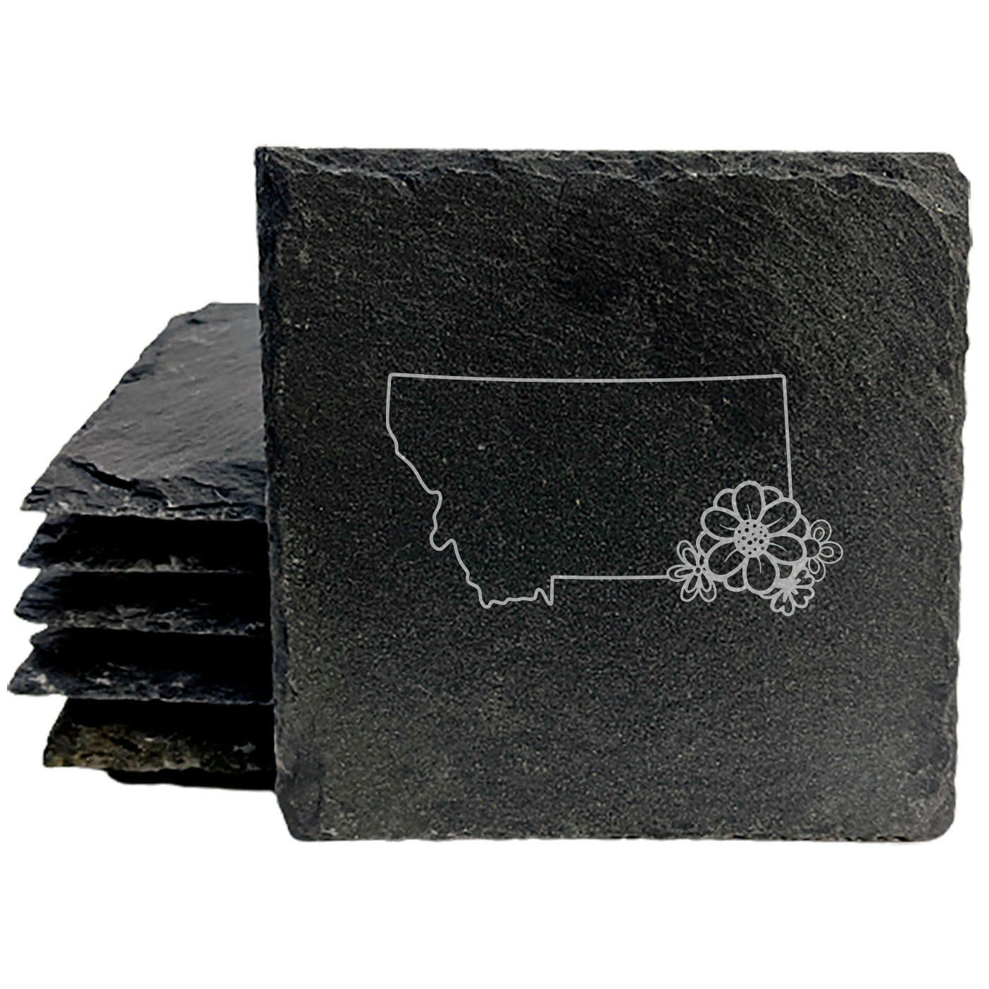 Rustic Slate Coasters Set of 4 - Laser Etched Montana Design w/ Flower - Perfect Gift for Holidays, Birthdays, Housewarming - 4" Round/Square - Made in Oregon, USA - Natural Chipped Edge