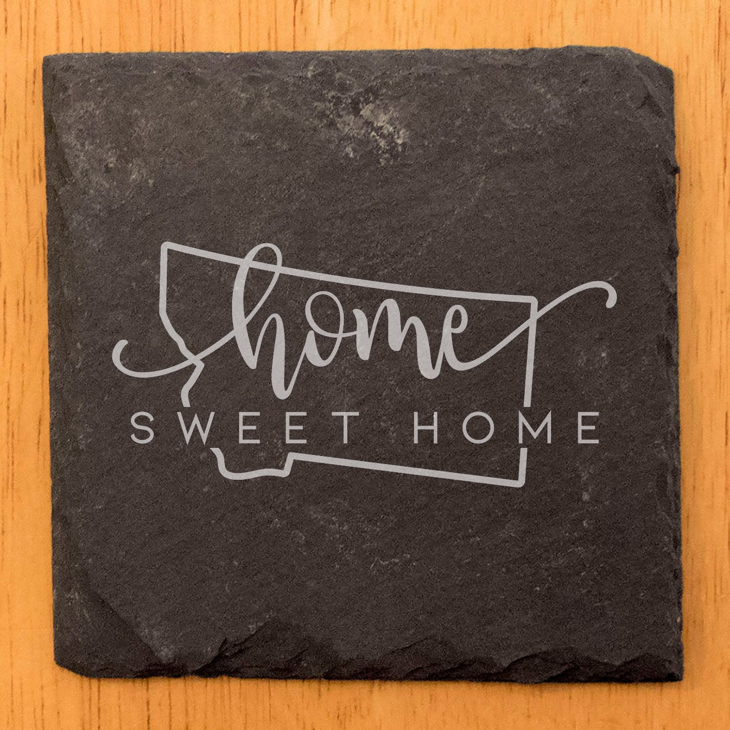 Rustic Slate Coasters Set of 4 - Round 4" with 'Home Sweet Home' Montana Design - Perfect Gift for Holidays, Birthdays, Housewarming - Made in Oregon, USA - Natural Chipped Edge, Rubber Feet