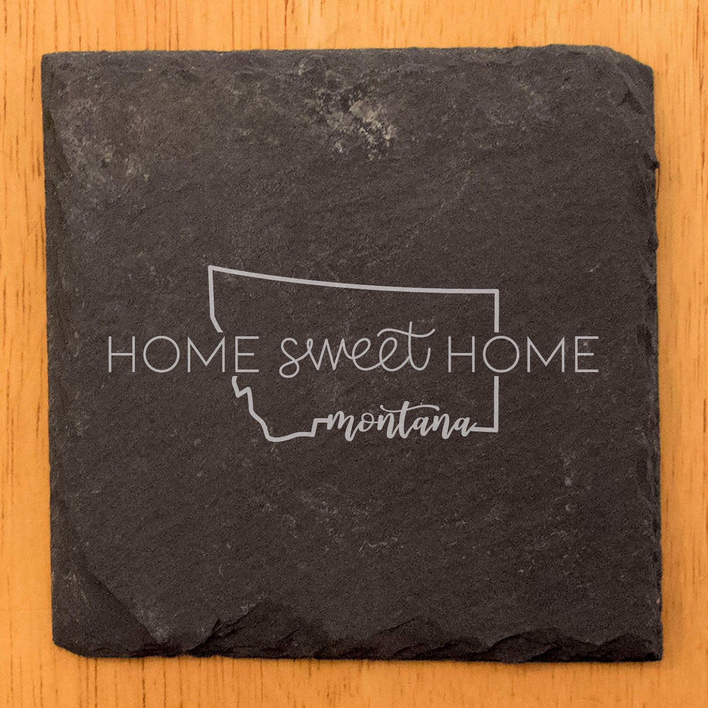 Rustic Slate Coasters Set of 4 - Round 4" with 'Home Sweet Home' Montana Design - Perfect Gift for Holidays, Birthdays, Housewarming - Made in Oregon, USA - Natural Chipped Edge, Rubber Feet
