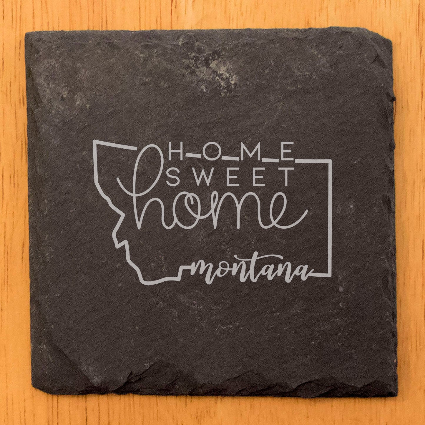 Rustic Slate Coasters Set of 4 - Round 4" with Montana 'Home Sweet Home' Design - Perfect Gift for Holidays, Birthdays, Housewarming - Made in Oregon, USA - Natural Chipped Edge, Rubber Feet