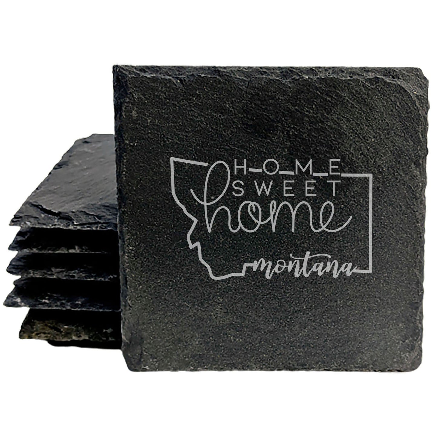 Rustic Slate Coasters Set of 4 - Round 4" with Montana 'Home Sweet Home' Design - Perfect Gift for Holidays, Birthdays, Housewarming - Made in Oregon, USA - Natural Chipped Edge, Rubber Feet