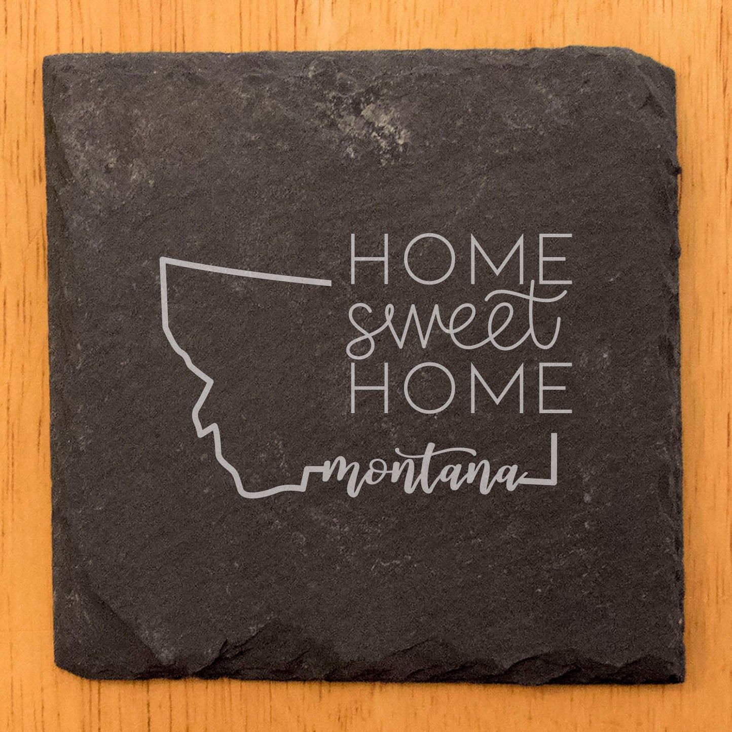 Rustic Slate Coasters Set of 4, Round 4" with Montana 'Home Sweet Home' Design, Perfect for Holidays, Birthdays, Housewarming Gifts, Made in Oregon, USA, Natural Chipped Edge, Rubber Feet