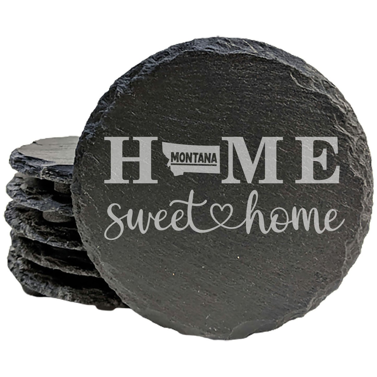 Rustic Slate Coasters Set of 4, Round 4" with 'HOME SWEET HOME' Montana Design, Perfect Gift for Holidays, Birthdays, Housewarming, She-Shed, Man Cave, Made in Oregon, USA, Natural Chipped Edge