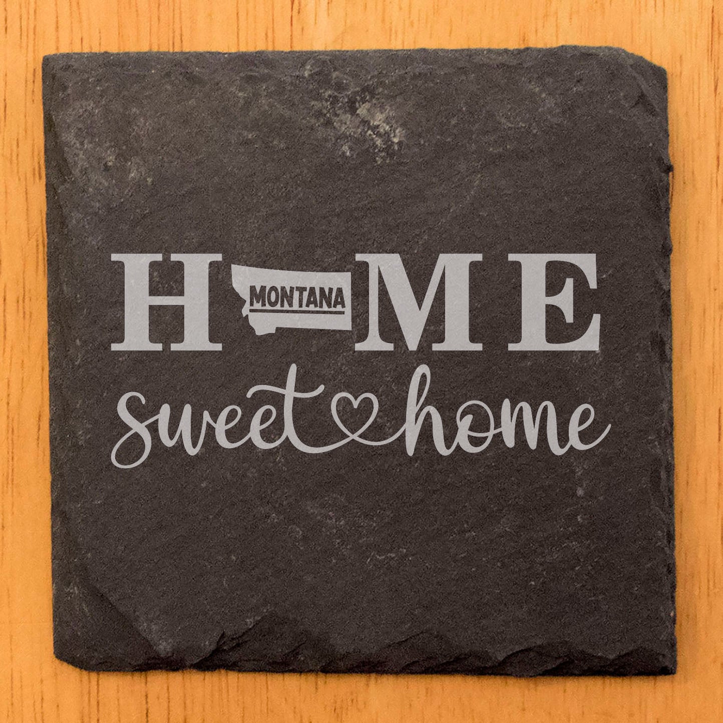 Rustic Slate Coasters Set of 4, Round 4" with 'HOME SWEET HOME' Montana Design, Perfect Gift for Holidays, Birthdays, Housewarming, She-Shed, Man Cave, Made in Oregon, USA, Natural Chipped Edge