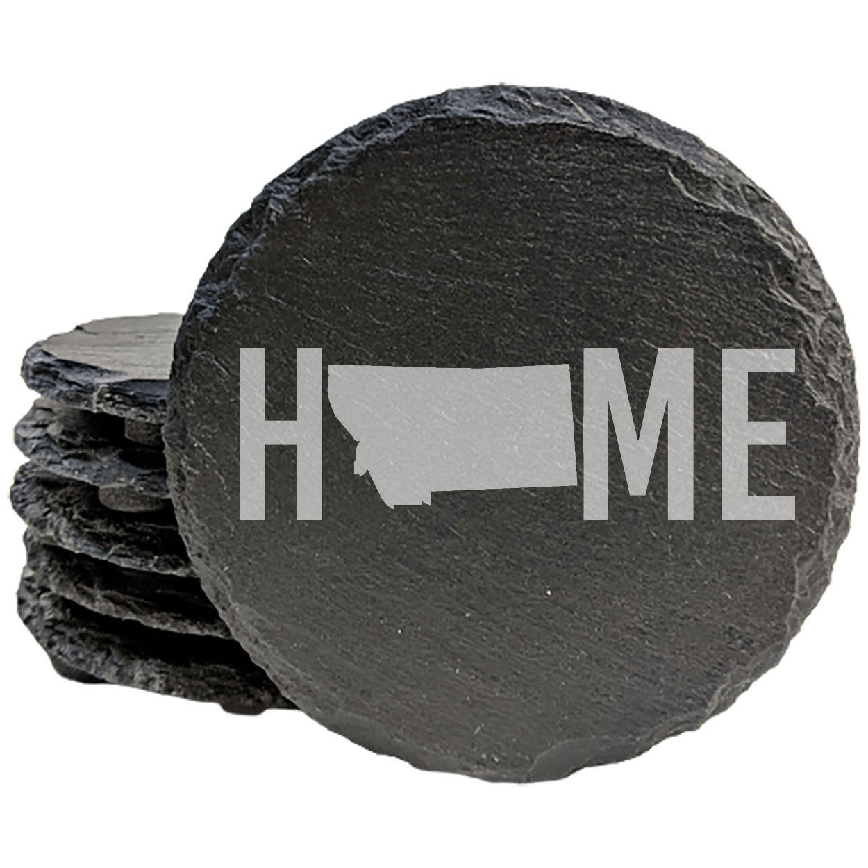 Rustic Slate Coasters Set of 4 - Laser Etched 'HOME' Design with Montana State - Perfect Gift for Holidays, Birthdays, Housewarming - 4" Round, Natural Chipped Edge, Made in Oregon, USA