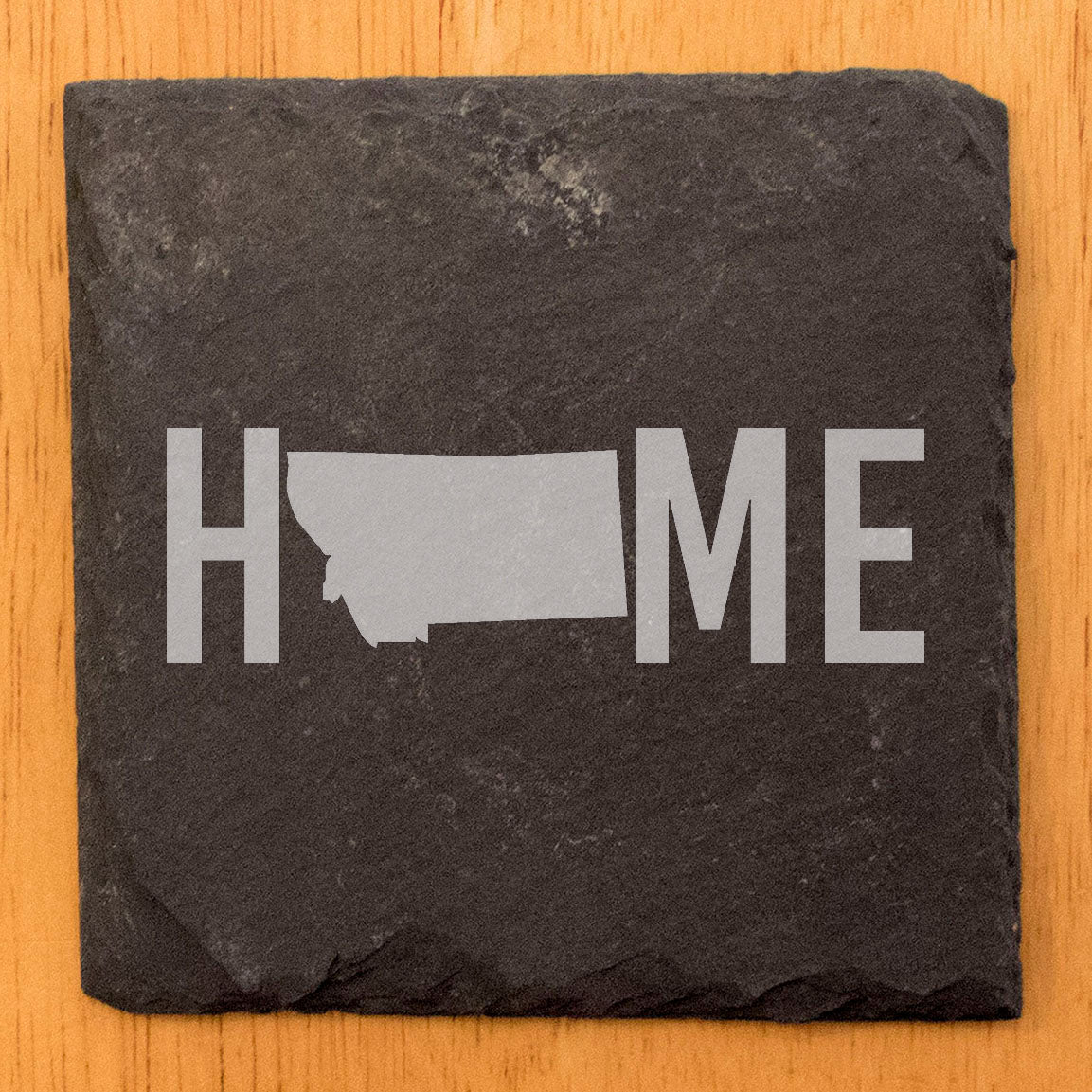 Rustic Slate Coasters Set of 4 - Laser Etched 'HOME' Design with Montana State - Perfect Gift for Holidays, Birthdays, Housewarming - 4" Round, Natural Chipped Edge, Made in Oregon, USA