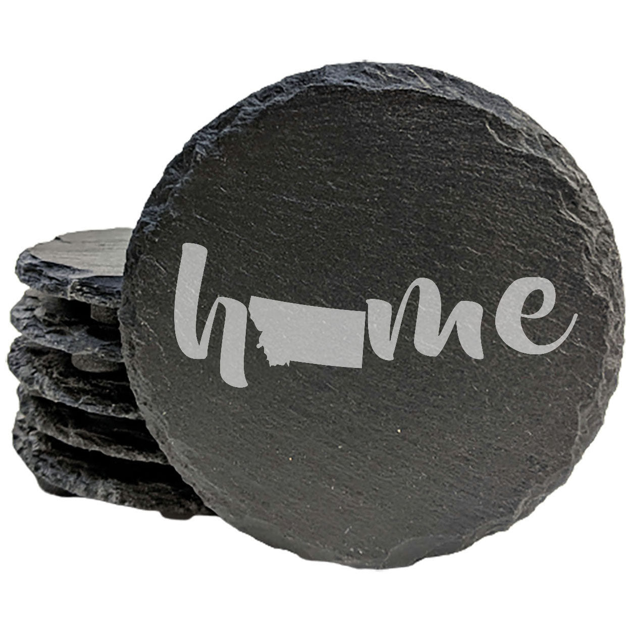 Rustic Slate Coasters Set of 4 - Laser Etched 'Home' Design with Montana State - Perfect Gift for Holidays, Birthdays, Housewarming - 4" Round/Square - Made in Oregon, USA - Natural Chipped Edge