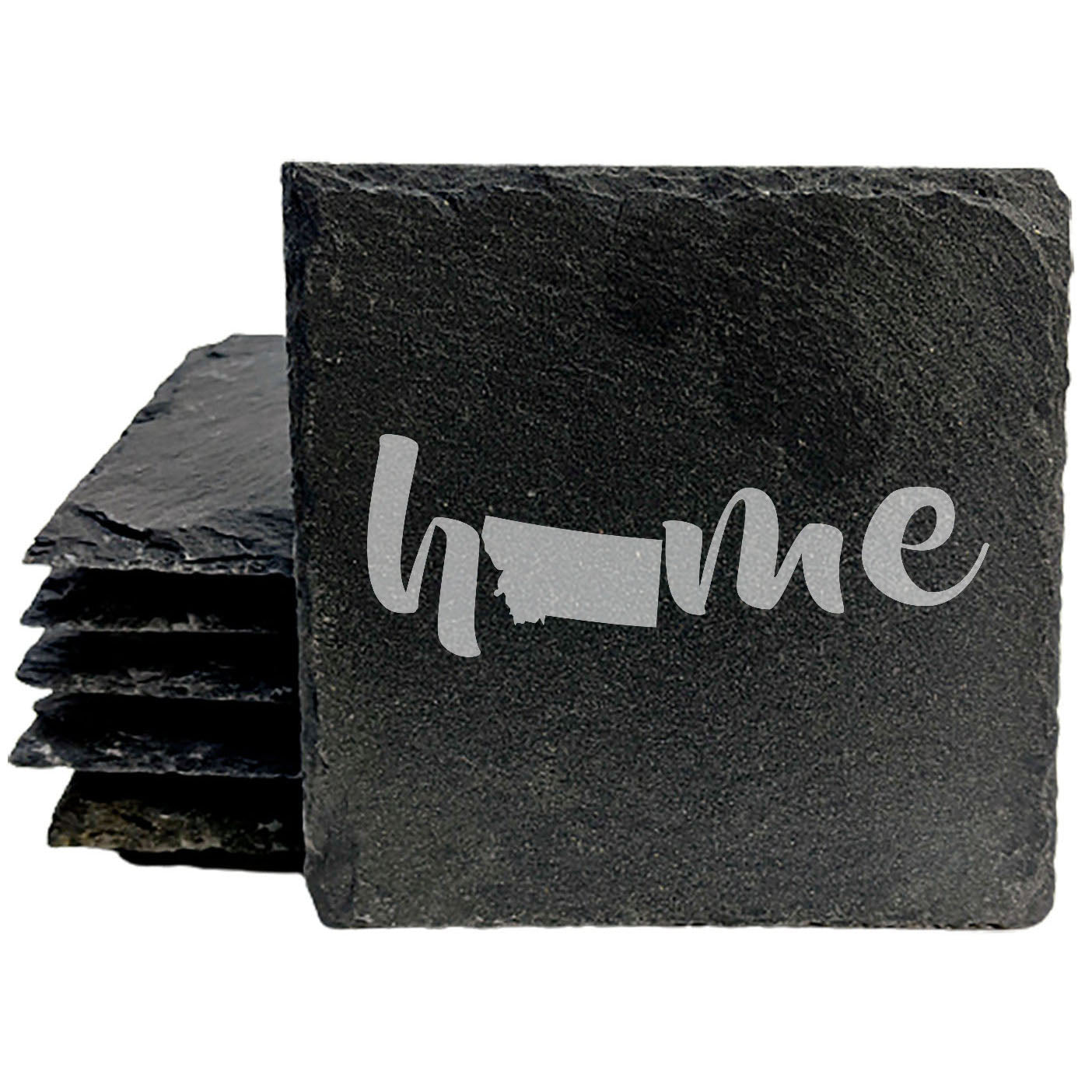 Rustic Slate Coasters Set of 4 - Laser Etched 'Home' Design with Montana State - Perfect Gift for Holidays, Birthdays, Housewarming - 4" Round/Square - Made in Oregon, USA - Natural Chipped Edge