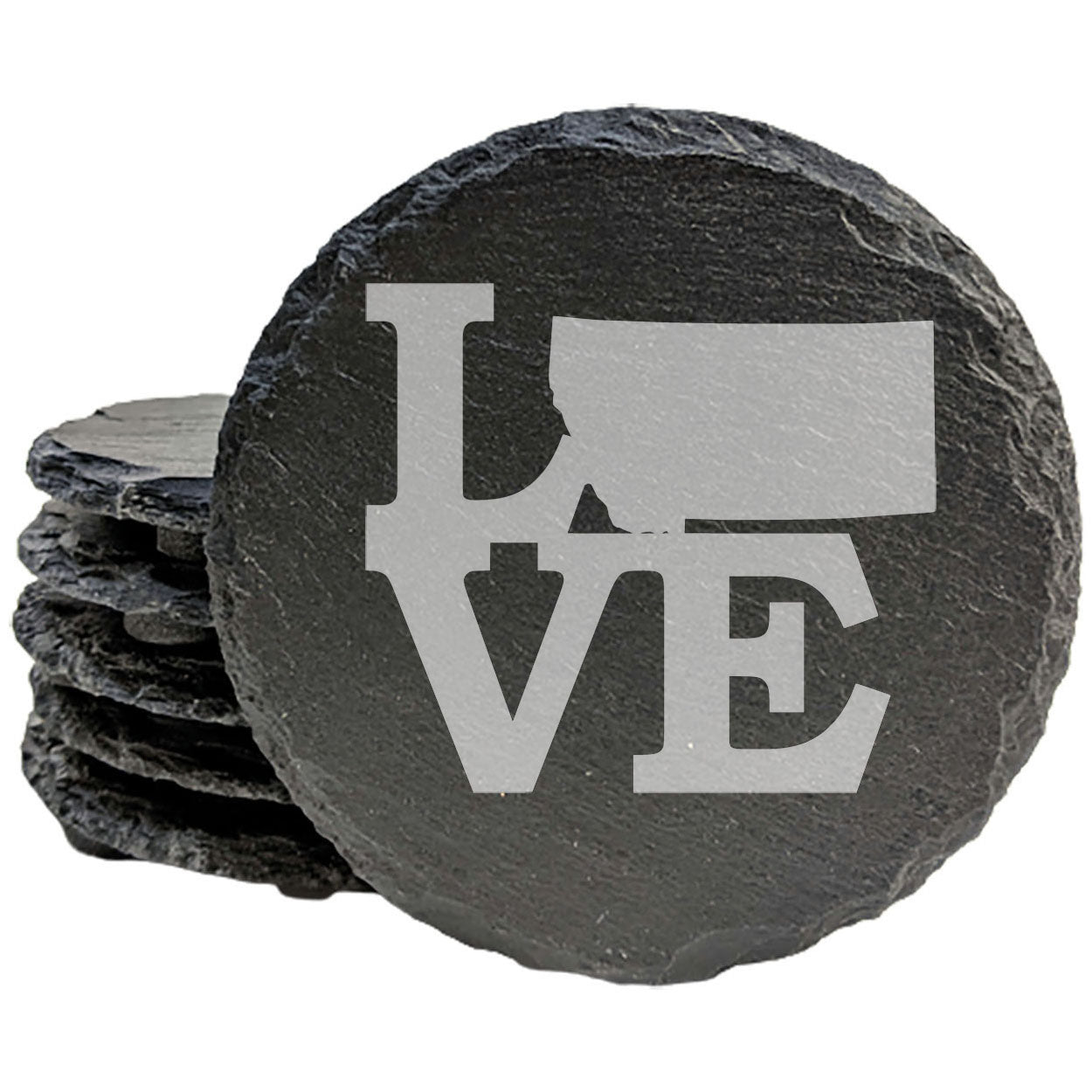 Rustic Slate Coasters Set of 4, Round 4" with 'LOVE' Montana Design, Laser Etched, Perfect for Holidays, Birthdays, Housewarming Gifts, Made in Oregon, USA, Natural Chipped Edge, Rubber Feet