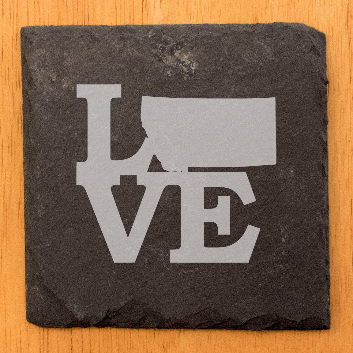Rustic Slate Coasters Set of 4, Round 4" with 'LOVE' Montana Design, Laser Etched, Perfect for Holidays, Birthdays, Housewarming Gifts, Made in Oregon, USA, Natural Chipped Edge, Rubber Feet