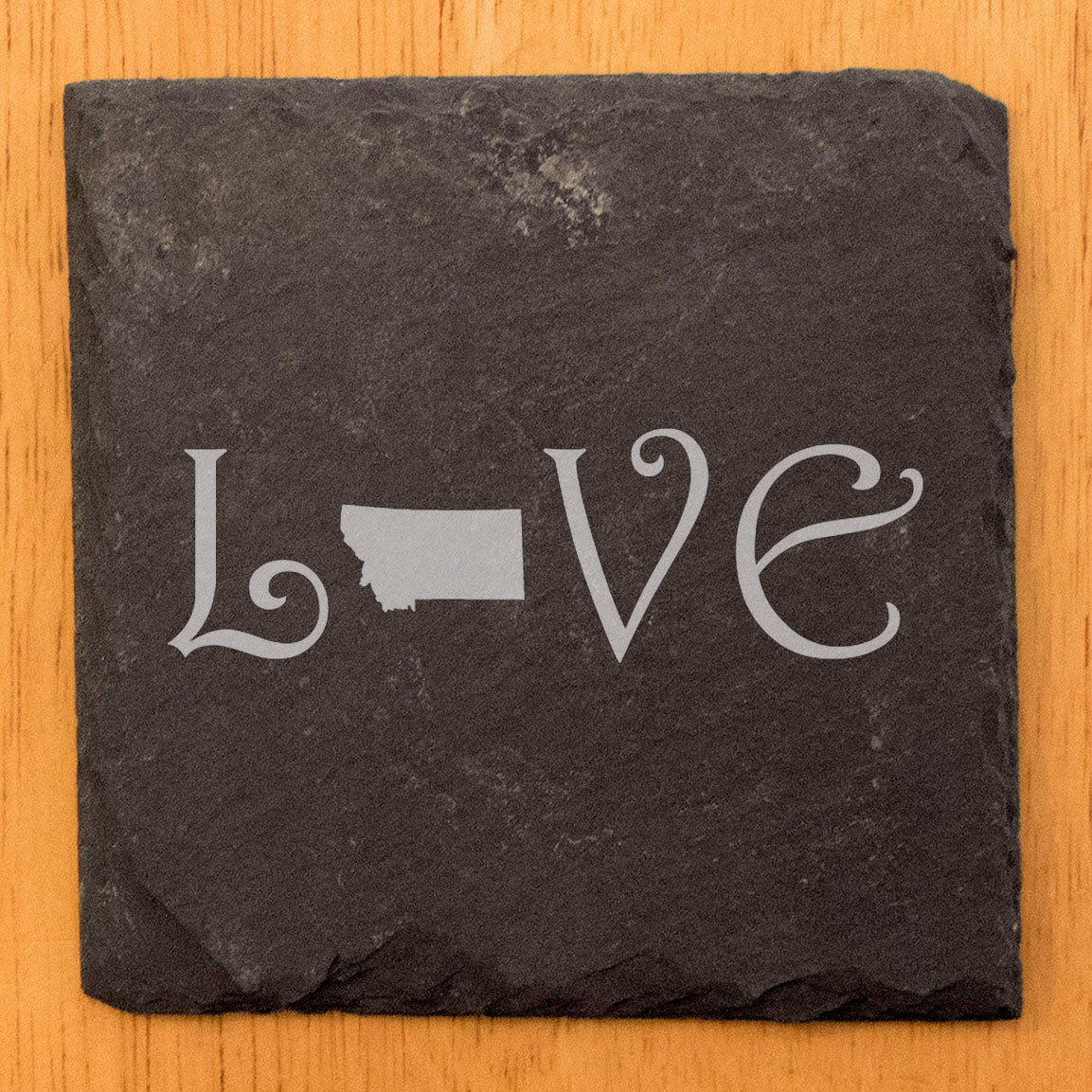 Rustic Slate Coasters Set of 4, Square 4" with 'LOVE' Montana Design, Laser Etched, Perfect for Holidays, Birthdays, Housewarming Gifts, Made in Oregon, USA, Natural Chipped Edge, Rubber Feet