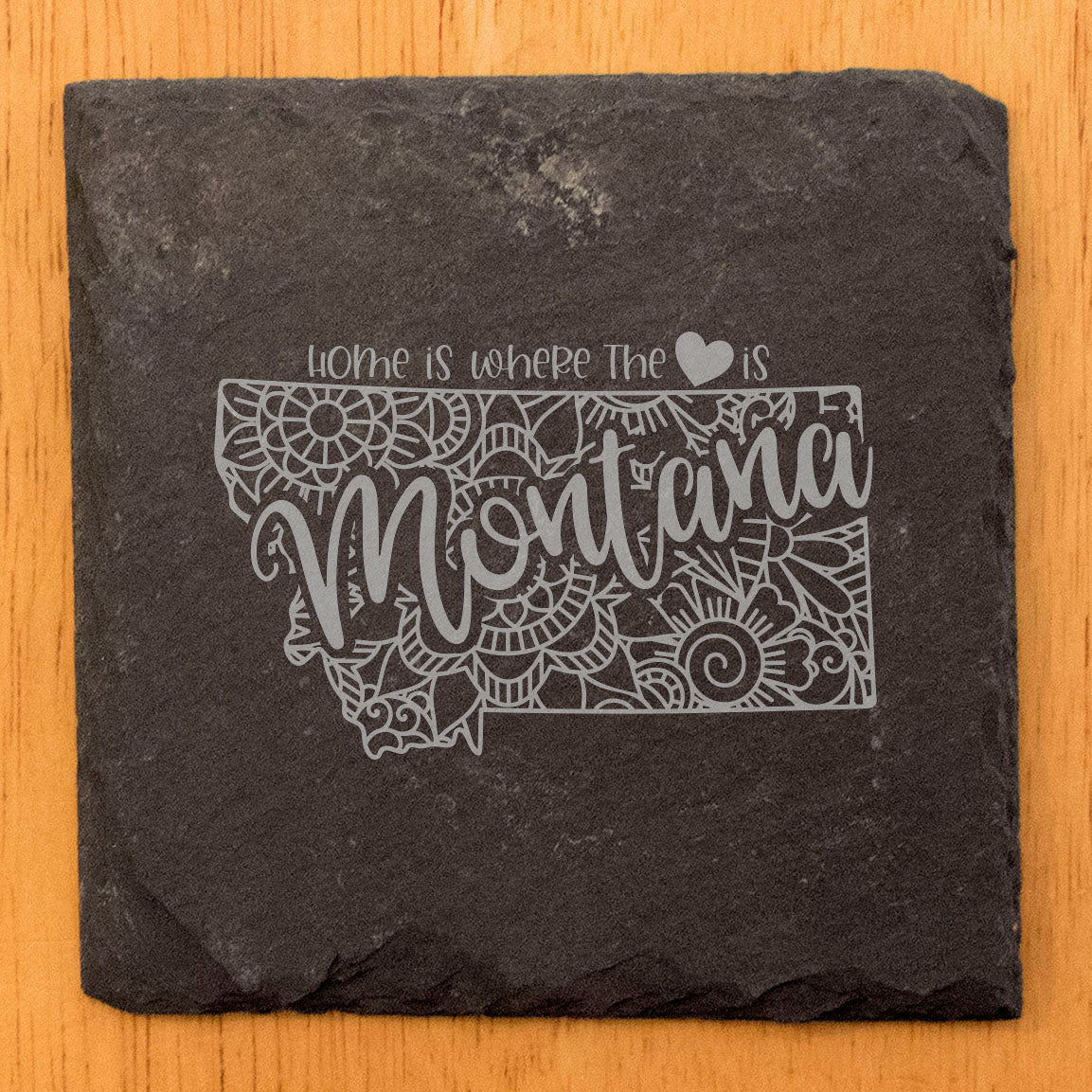 Rustic Slate Coasters Set of 4, Round 4" with Montana Mandala Design, 'Home is Where the Heart Is' Quote, Perfect Gift for Holidays, Birthdays, Housewarming, Made in Oregon, USA, Natural Edge