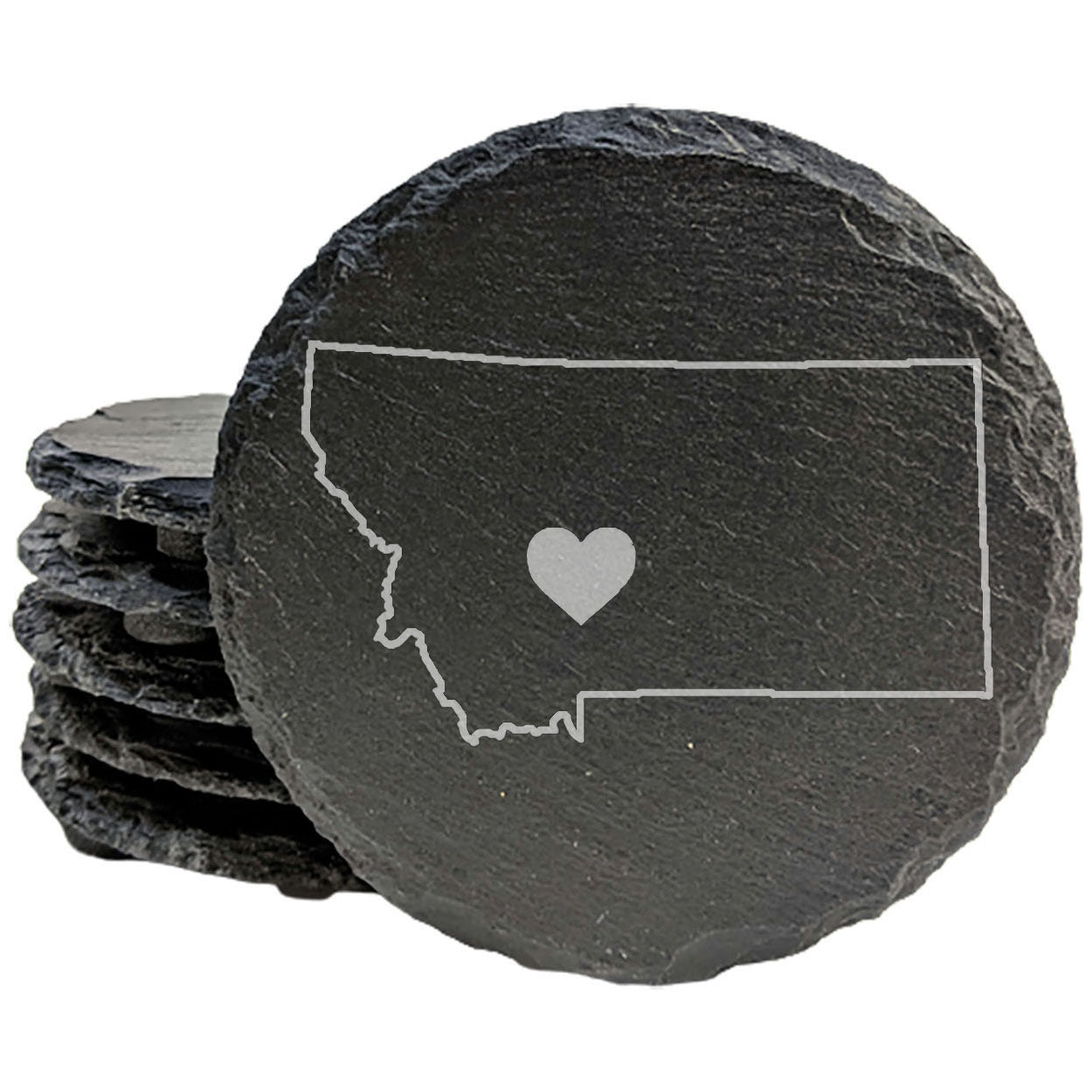 Rustic Slate Coasters Set of 4 - Round 4" with Montana Heart Design, Laser Etched, Natural Chipped Edge, Rubber Feet, - Perfect for Holidays, Birthdays, Housewarming, She-Shed, Man Cave - Made in USA