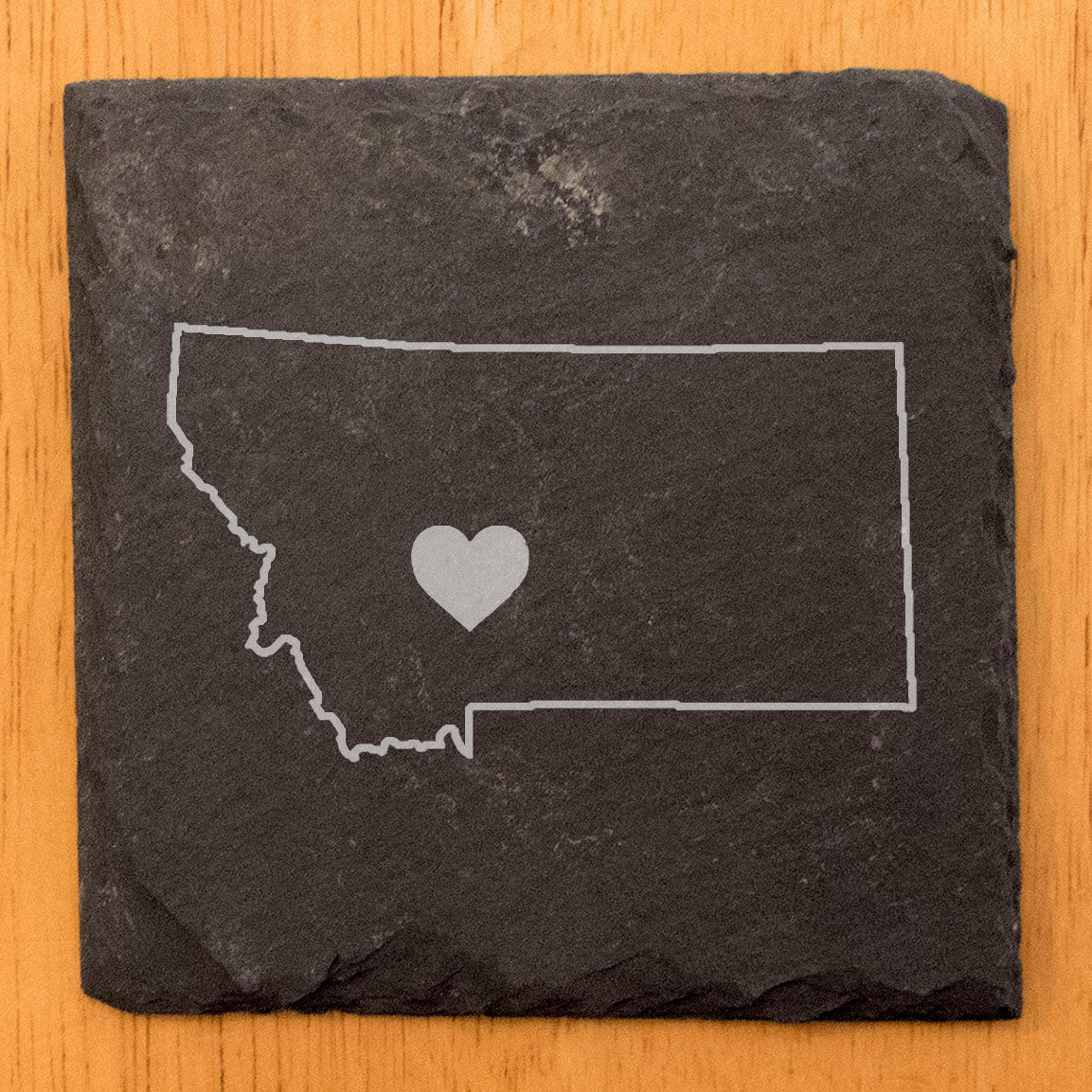 Rustic Slate Coasters Set of 4 - Round 4" with Montana Heart Design, Laser Etched, Natural Chipped Edge, Rubber Feet, - Perfect for Holidays, Birthdays, Housewarming, She-Shed, Man Cave - Made in USA