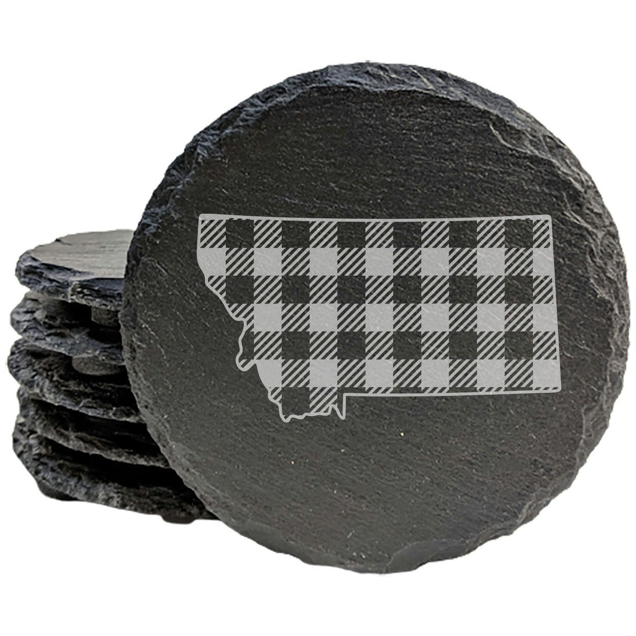 Rustic Slate Coasters Set of 4, Round 4" with Montana Plaid Design, Laser Etched, Perfect for Holidays, Birthdays, Housewarming Gifts, She-Shed, Man Cave, Made in Oregon, USA, Natural Chipped Edge