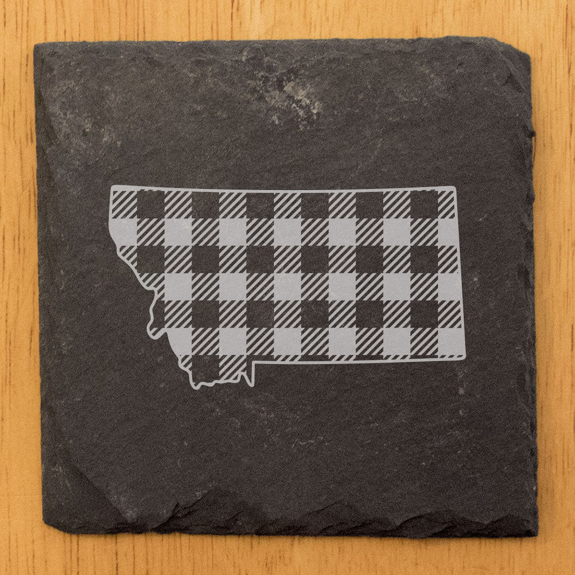 Rustic Slate Coasters Set of 4, Round 4" with Montana Plaid Design, Laser Etched, Perfect for Holidays, Birthdays, Housewarming Gifts, She-Shed, Man Cave, Made in Oregon, USA, Natural Chipped Edge