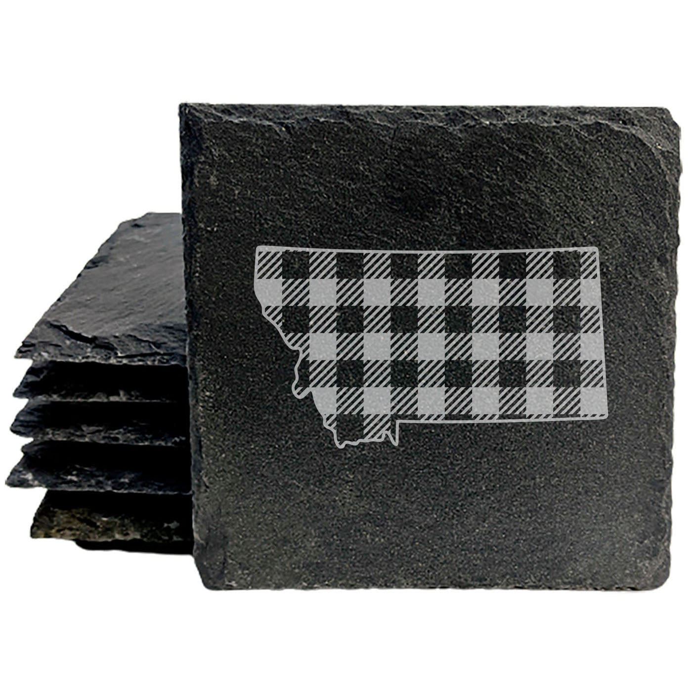 Rustic Slate Coasters Set of 4, Round 4" with Montana Plaid Design, Laser Etched, Perfect for Holidays, Birthdays, Housewarming Gifts, She-Shed, Man Cave, Made in Oregon, USA, Natural Chipped Edge