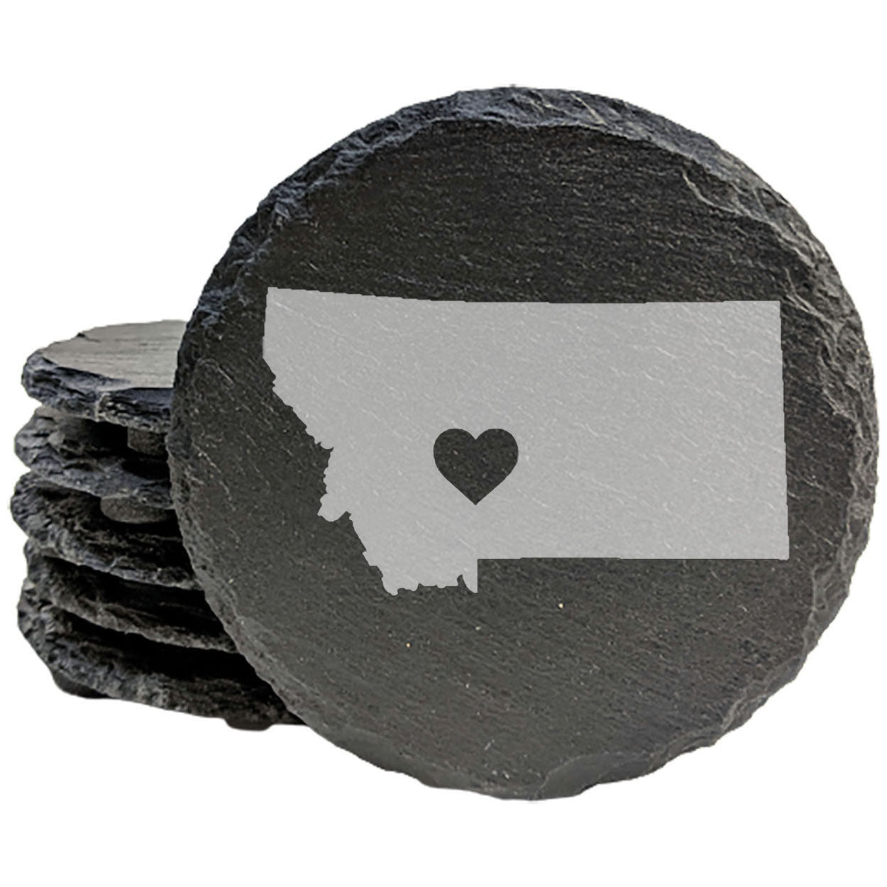 Rustic Slate Coasters Set of 4, Round 4" with Montana Heart Design, Laser Etched, Perfect for Holidays, Birthdays, Housewarming Gifts, Made in Oregon, USA, Natural Chipped Edge, Rubber Feet