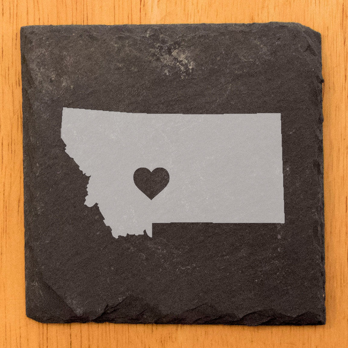 Rustic Slate Coasters Set of 4, Round 4" with Montana Heart Design, Laser Etched, Perfect for Holidays, Birthdays, Housewarming Gifts, Made in Oregon, USA, Natural Chipped Edge, Rubber Feet