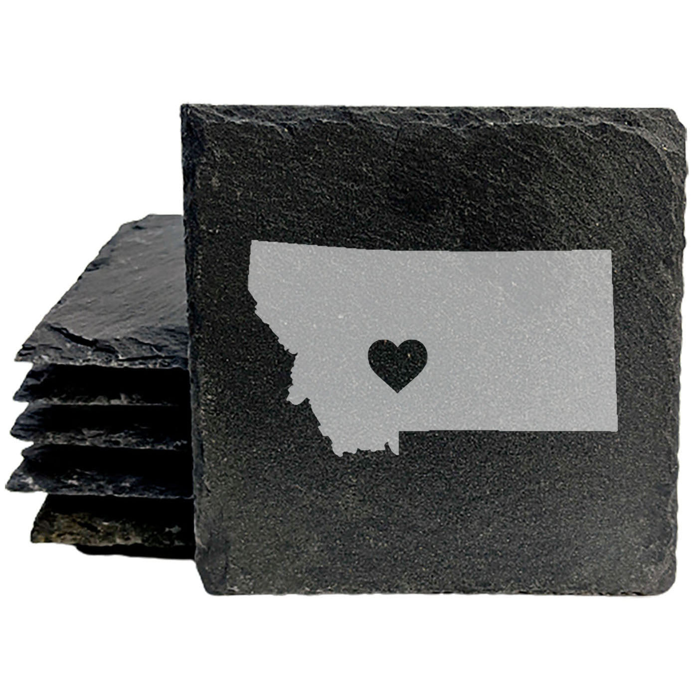 Rustic Slate Coasters Set of 4, Round 4" with Montana Heart Design, Laser Etched, Perfect for Holidays, Birthdays, Housewarming Gifts, Made in Oregon, USA, Natural Chipped Edge, Rubber Feet