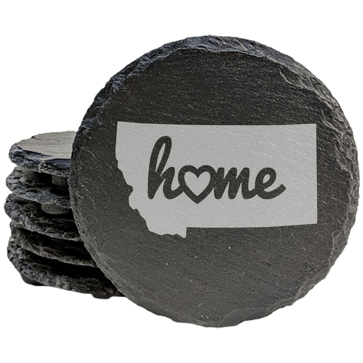 Rustic Slate Coasters Set of 4, Round 4" with Montana 'Home' Heart Design, Perfect for Holidays, Birthdays, Housewarming Gifts, She-Shed or Man Cave, Made in Oregon, USA, Natural Chipped Edge