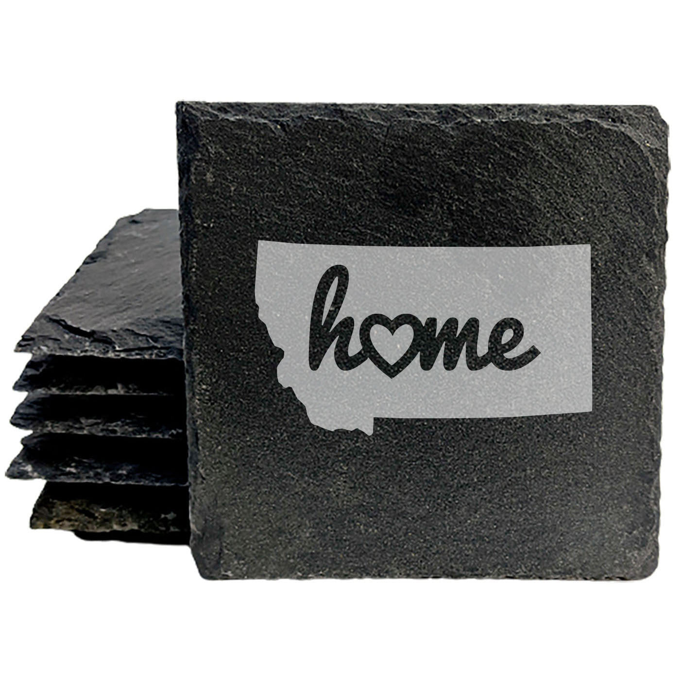 Rustic Slate Coasters Set of 4, Round 4" with Montana 'Home' Heart Design, Perfect for Holidays, Birthdays, Housewarming Gifts, She-Shed or Man Cave, Made in Oregon, USA, Natural Chipped Edge