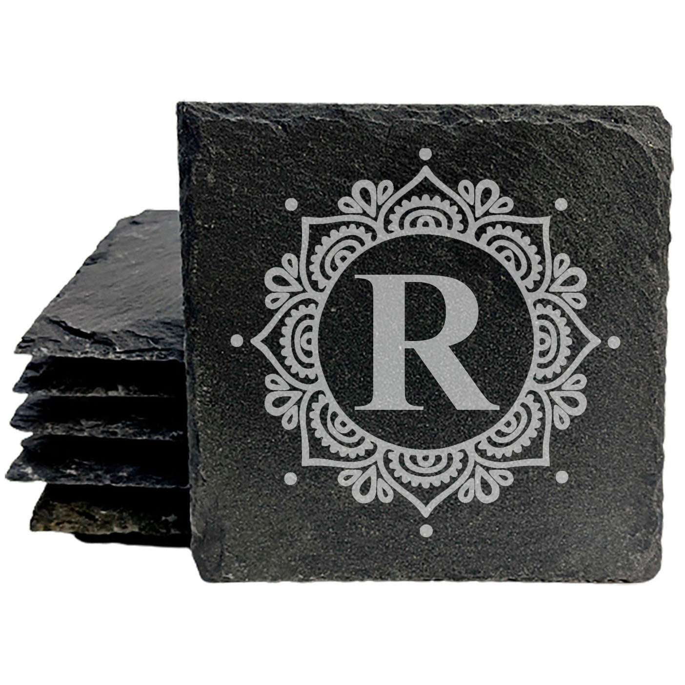 Monogram Magic: Personalized Mandala Coasters on Rustic Slate