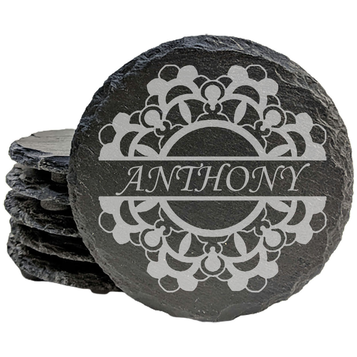 Rustic Harmony: Personalized Floral Mandala Coasters on Slate