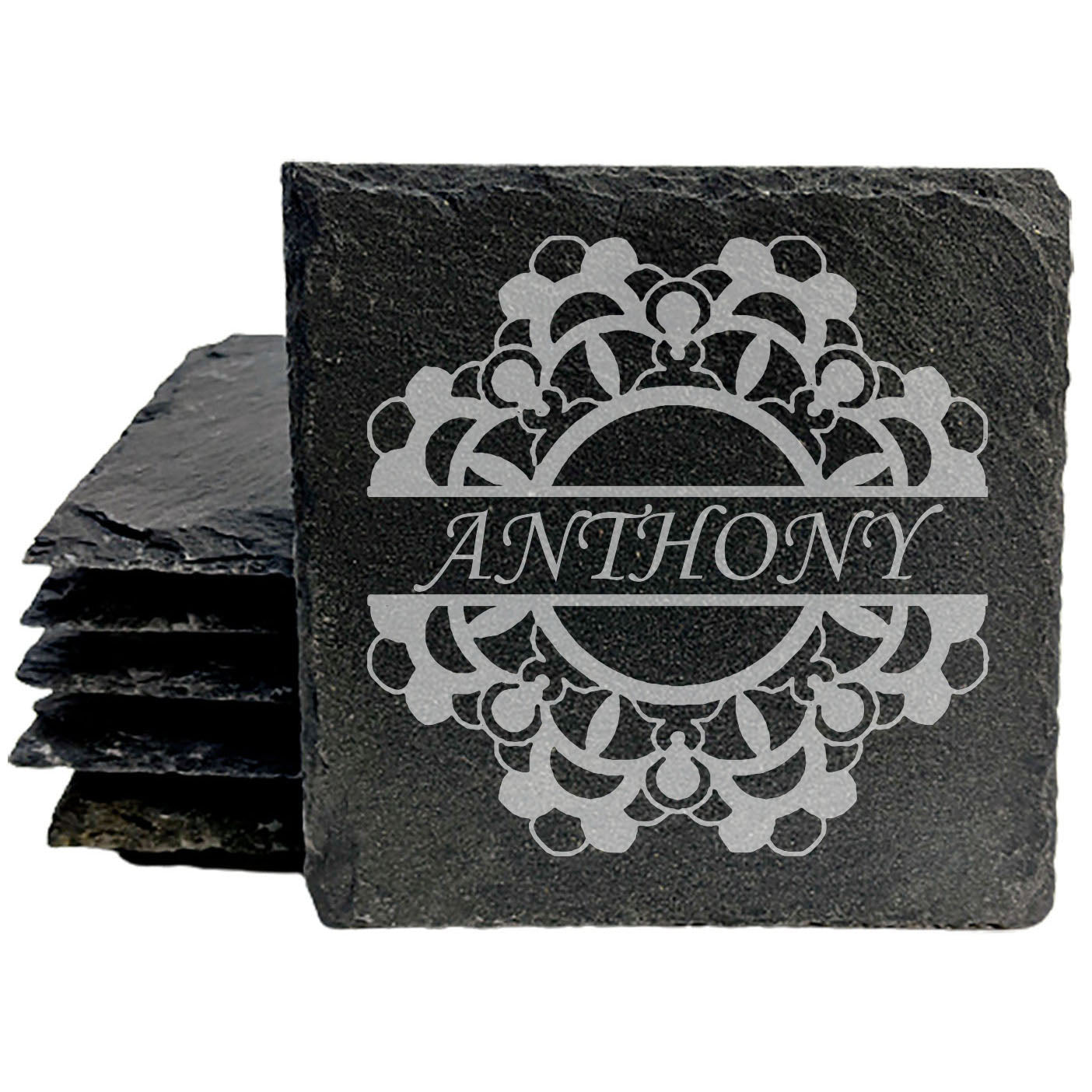 Rustic Harmony: Personalized Floral Mandala Coasters on Slate