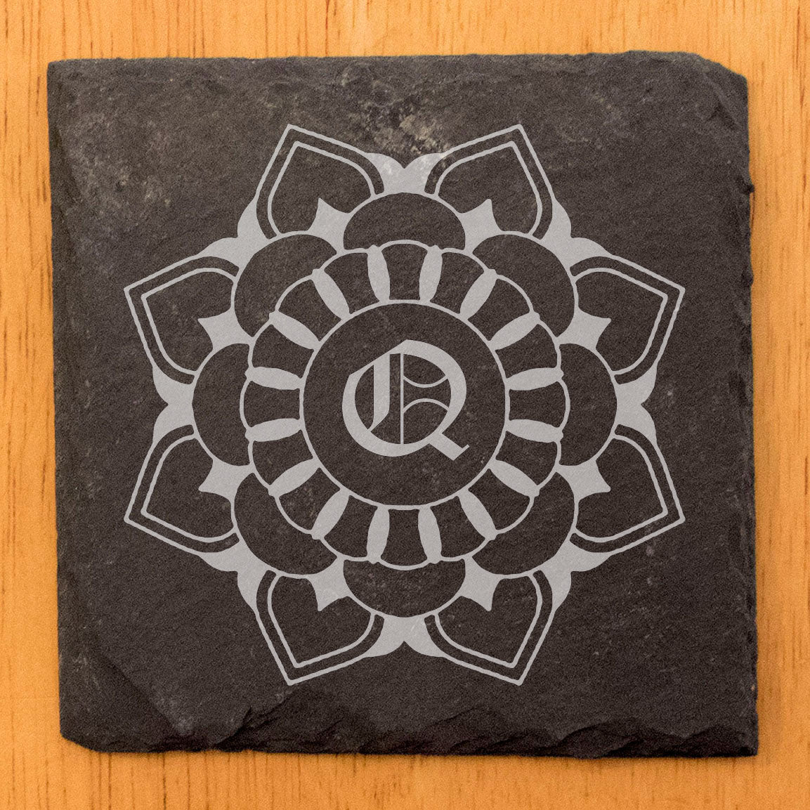Rustic Harmony: Personalized Floral Mandala Coasters on Slate