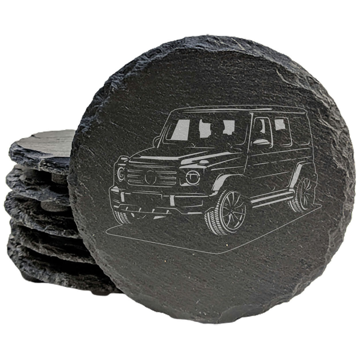 Mercedes G350 Design Rustic Gray Slate Coasters Set of 4 - Laser Etched, Natural Chipped Edge, Rubber Feet - Perfect Gift for Holidays, Birthdays, Housewarming - Made in Oregon USA by Small Business
