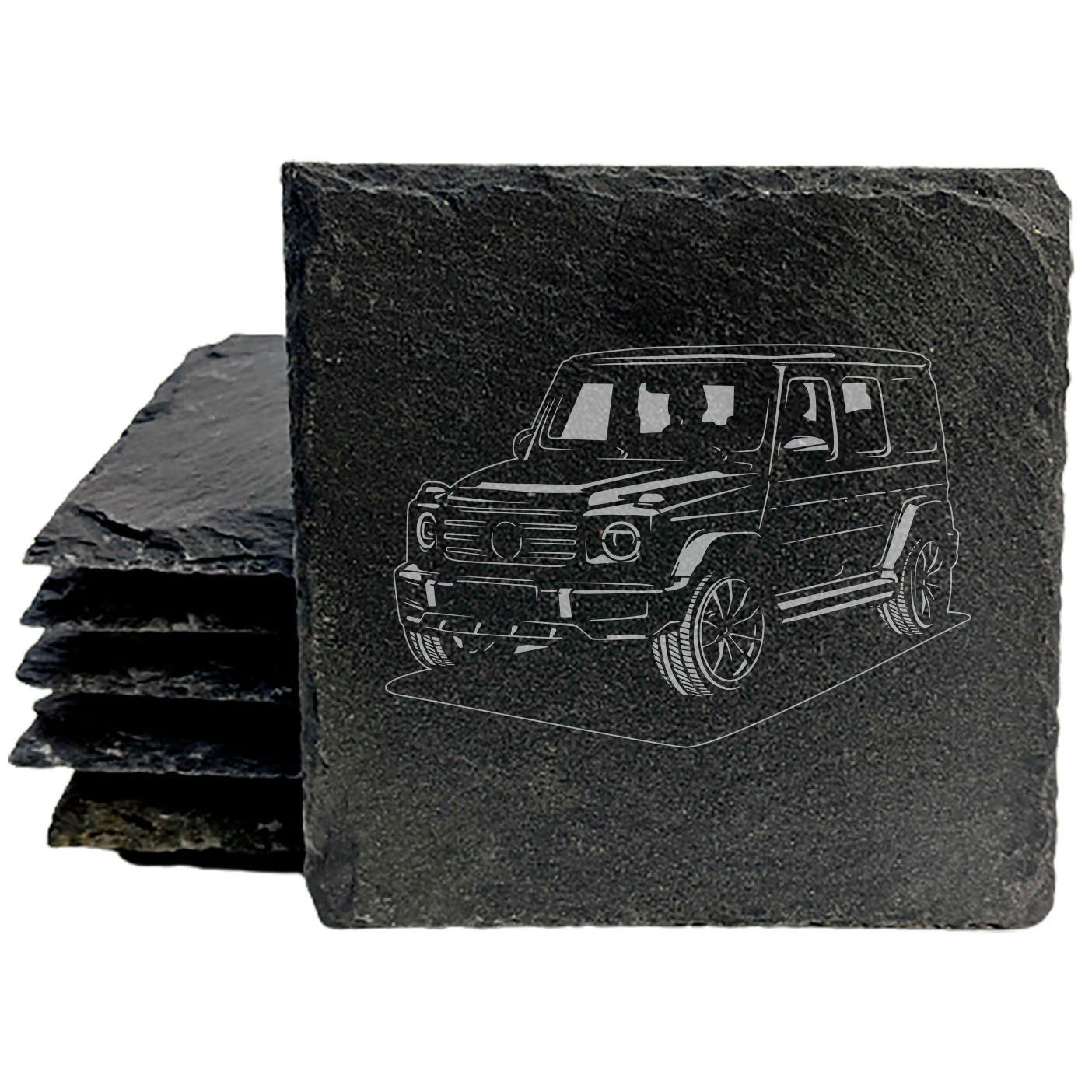 Mercedes G350 Design Rustic Gray Slate Coasters Set of 4 - Laser Etched, Natural Chipped Edge, Rubber Feet - Perfect Gift for Holidays, Birthdays, Housewarming - Made in Oregon USA by Small Business