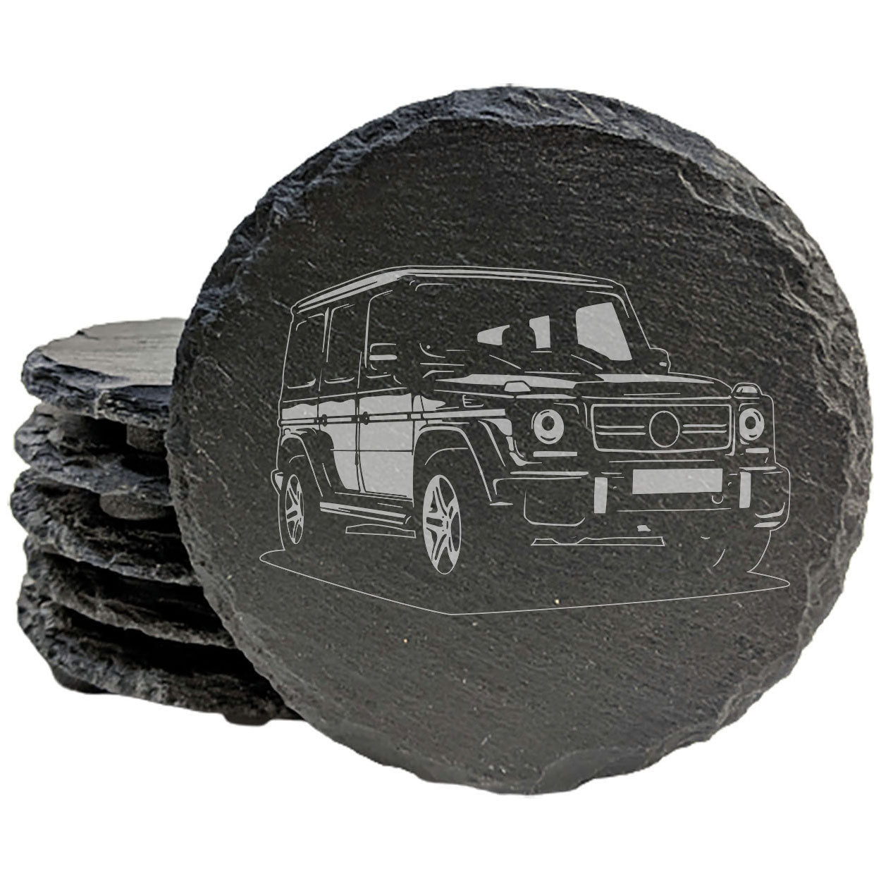 Mercedes G500 W463 Design Rustic Gray Slate Coasters Set of 4 - Laser Etched, Hand Drawn Style, Natural Chipped Edge, Rubber Feet - Perfect Gift for Holidays, Birthdays, Housewarming - Made in USA
