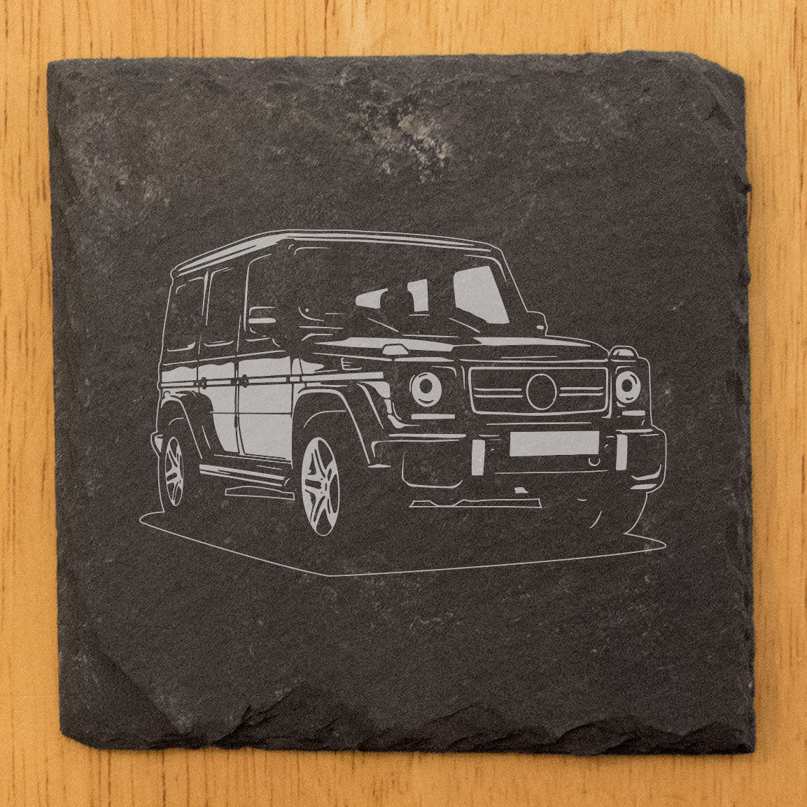 Mercedes G500 W463 Design Rustic Gray Slate Coasters Set of 4 - Laser Etched, Hand Drawn Style, Natural Chipped Edge, Rubber Feet - Perfect Gift for Holidays, Birthdays, Housewarming - Made in USA