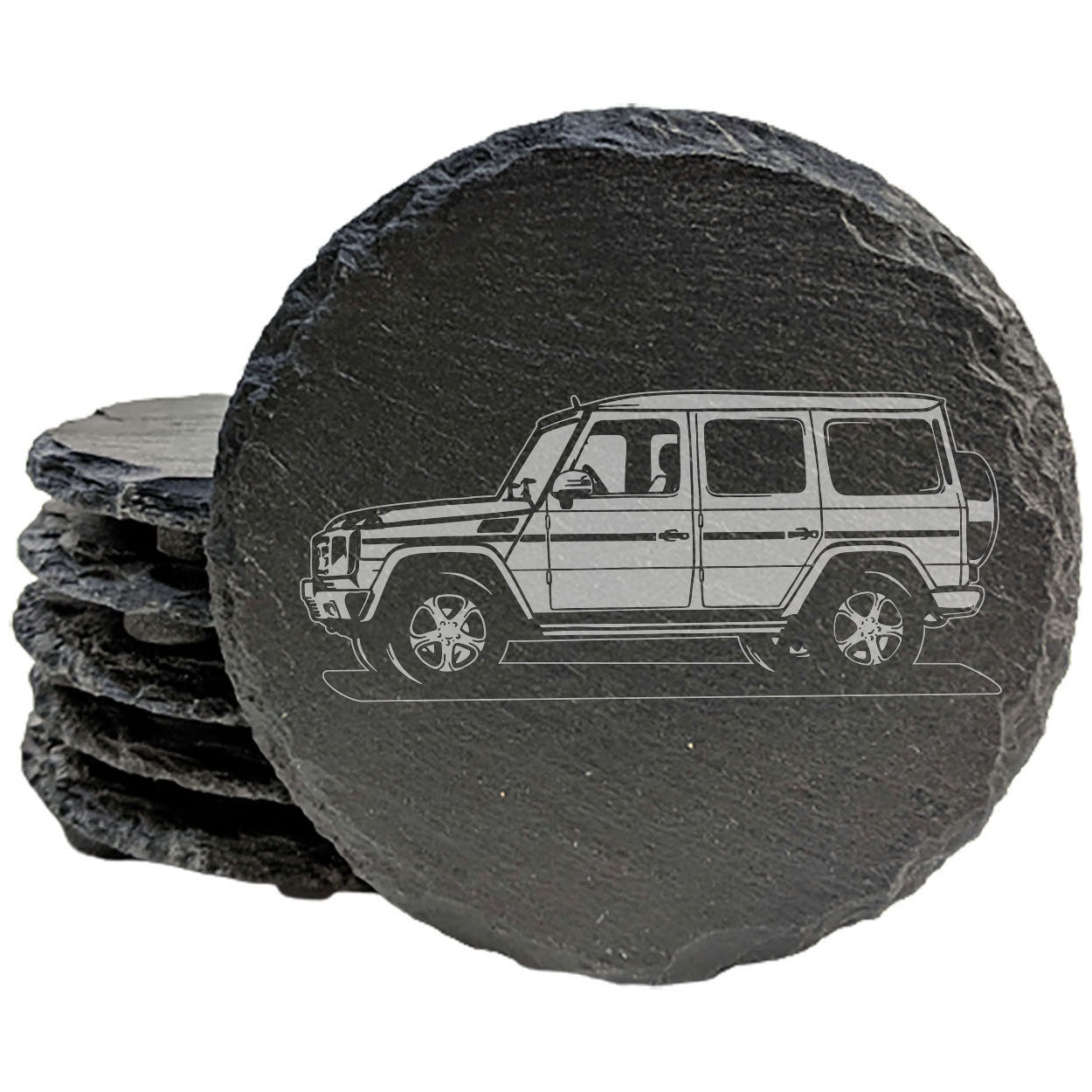 Mercedes G500 Design Rustic Gray Slate Coasters Set of 4 - Laser Etched, Natural Chipped Edge, Rubber Feet - Perfect Gift for Holidays, Birthdays, Housewarming - Made in Oregon USA by Small Business