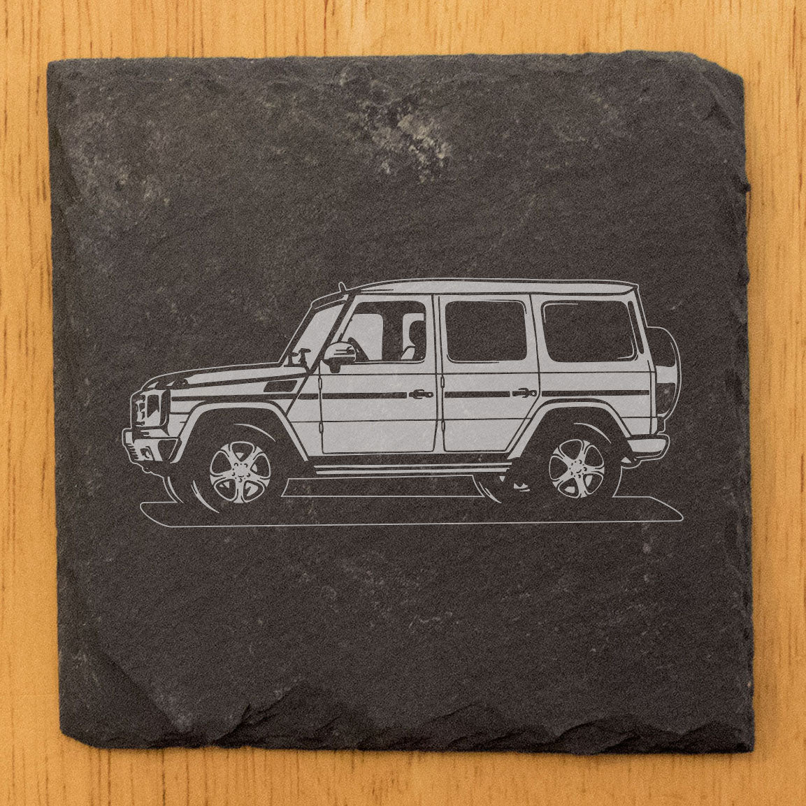 Mercedes G500 Design Rustic Gray Slate Coasters Set of 4 - Laser Etched, Natural Chipped Edge, Rubber Feet - Perfect Gift for Holidays, Birthdays, Housewarming - Made in Oregon USA by Small Business